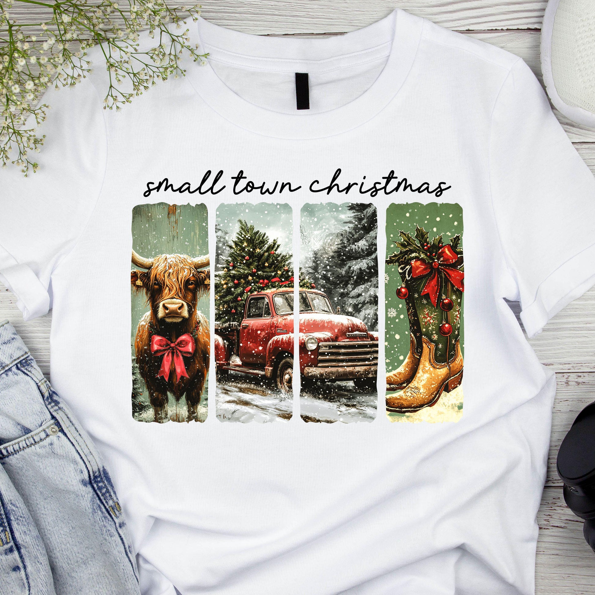 DTF ready to press transfer. Small Town Christmas red truck highland cow,Direct to film heat press transfer. DTF Print, Heat Transfer #11074