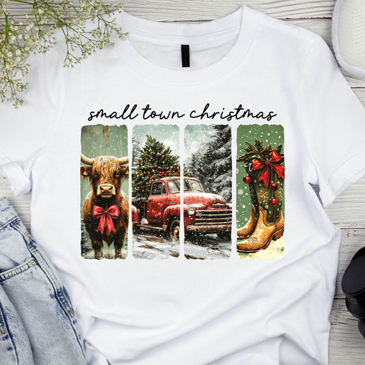 DTF ready to press transfer. Small Town Christmas red truck highland cow,Direct to film heat press transfer. DTF Print, Heat Transfer #11074