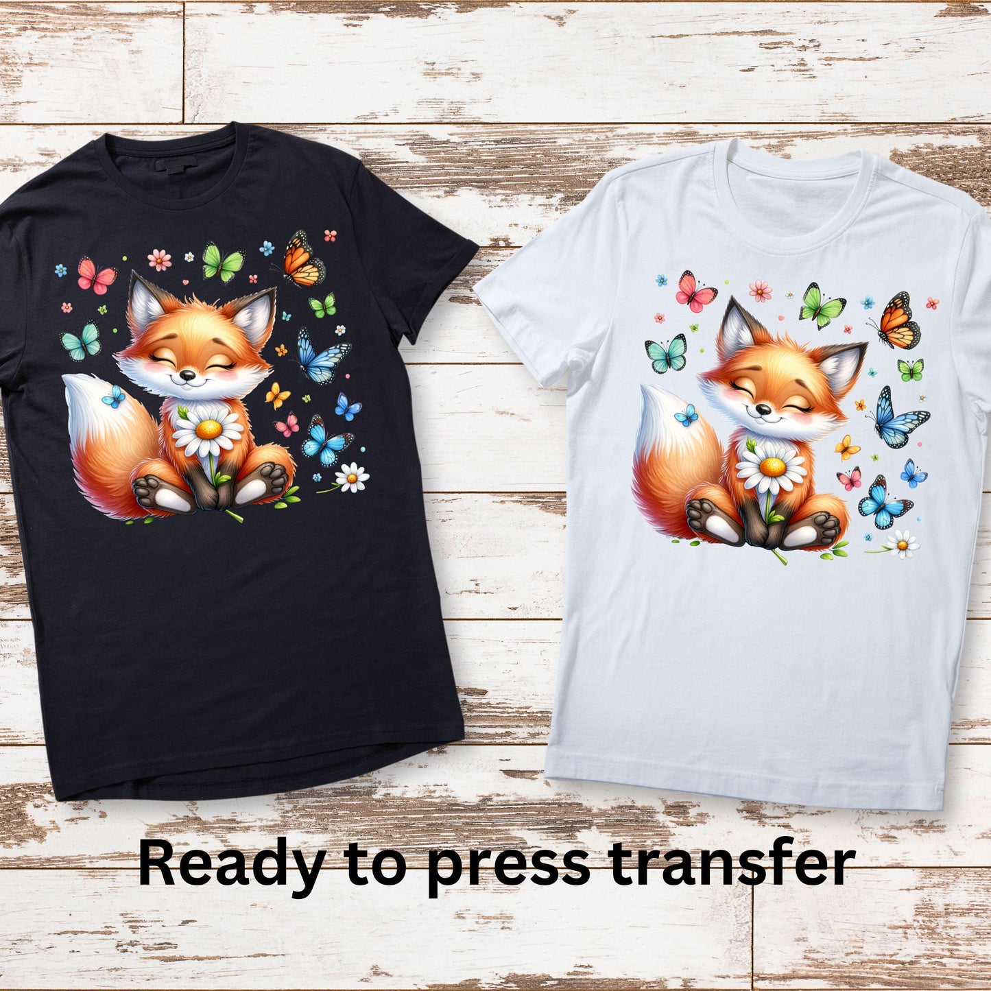 DTF ready to press transfer. Cute fox with butterflies and flowers, Direct to film heat press transfer. DTF Print, Heat Transfer #11077