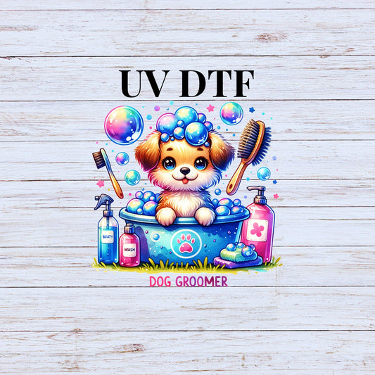 UV DTF Sticker print. Dog Groomer cute dog in tub decal, tumbler decal, permanent sticker. #4293