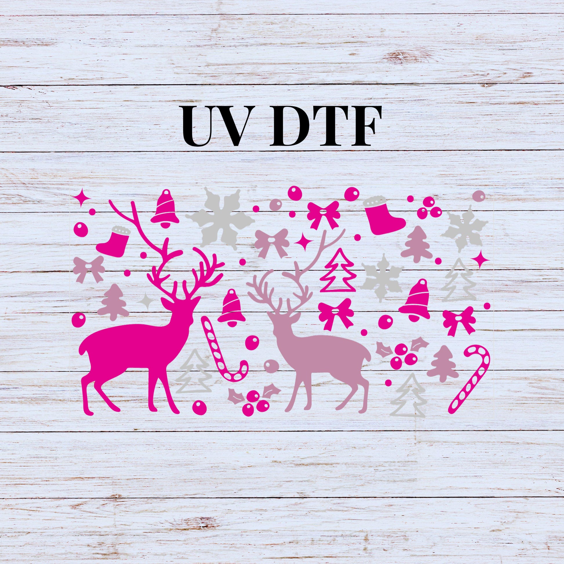 UV DTF Sticker prints. Pink Deer Christmas element sheet wrap decal, permanent sticker. #7227