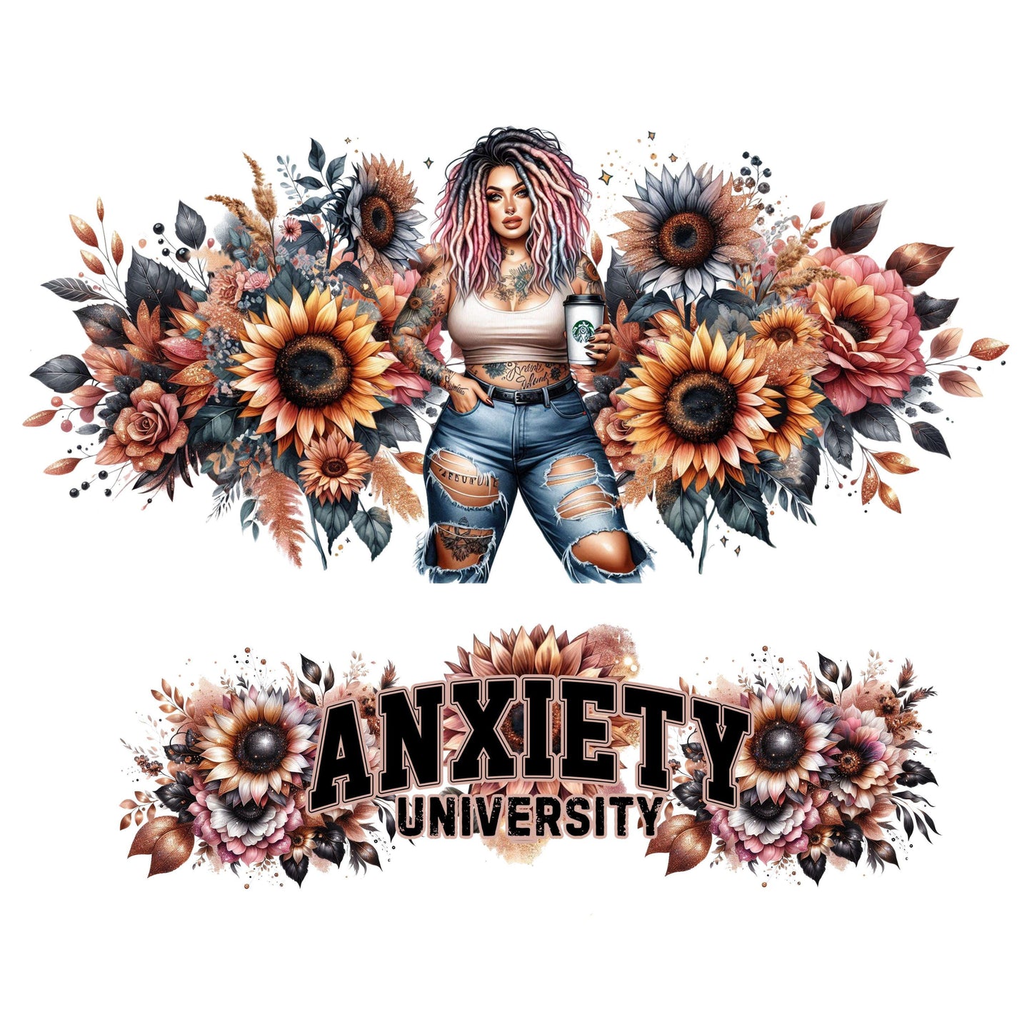 UV DTF 40 oz ready to apply Anxiety University tattoo girl with retro flowers wrap. Glass can wrap. Permanent sticker. UV wrap quencher#3058