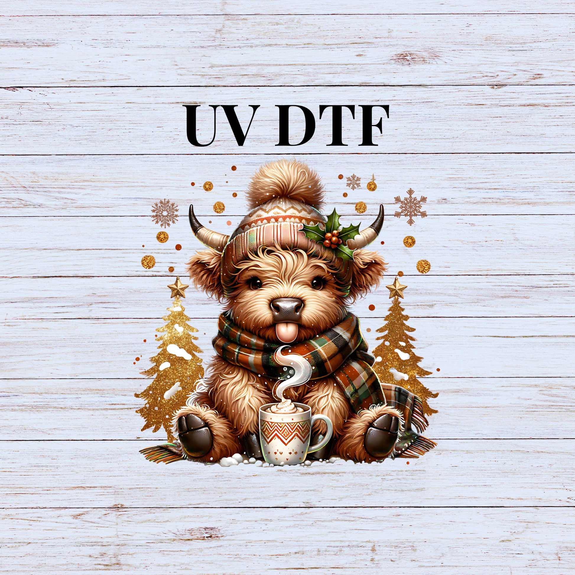 UV DTF Sticker print Highland Cow Tan and Gold Christmas decal, tumbler decal, permanent sticker. #7244