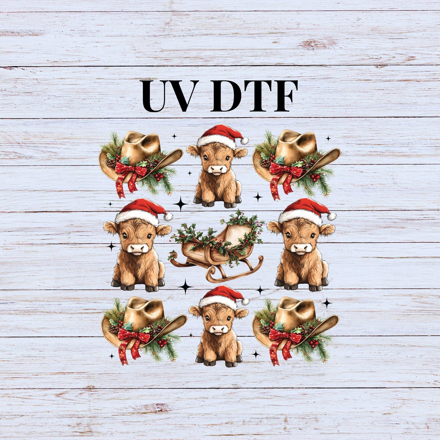 UV DTF Sticker print. Cowboy hats, cows and sleigh Christmas croquette decal, tumbler decal, permanent sticker, tumbler. #7246