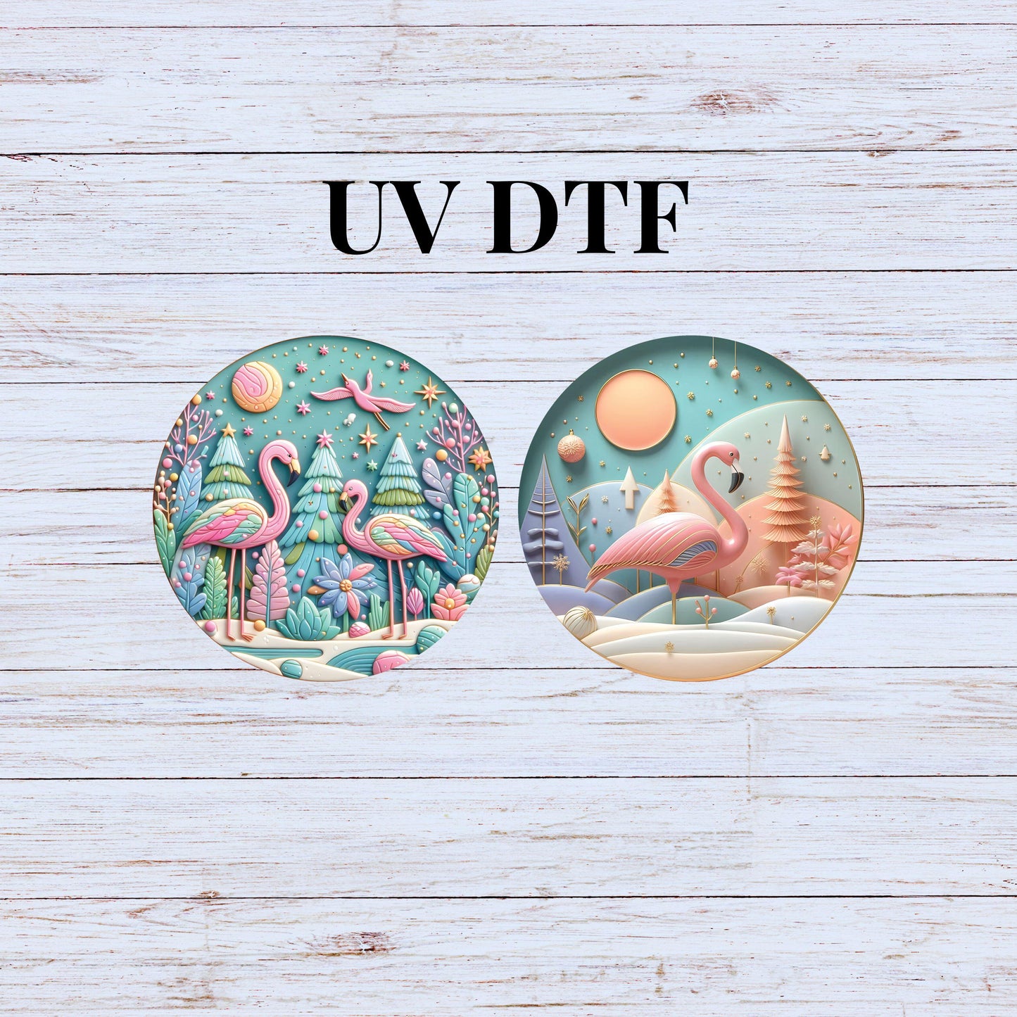 UV DTF Sticker print Flamingo 3D pattern Christmas 2pk round Christmas Ornament decals, tumbler decal, permanent sticker.#7230