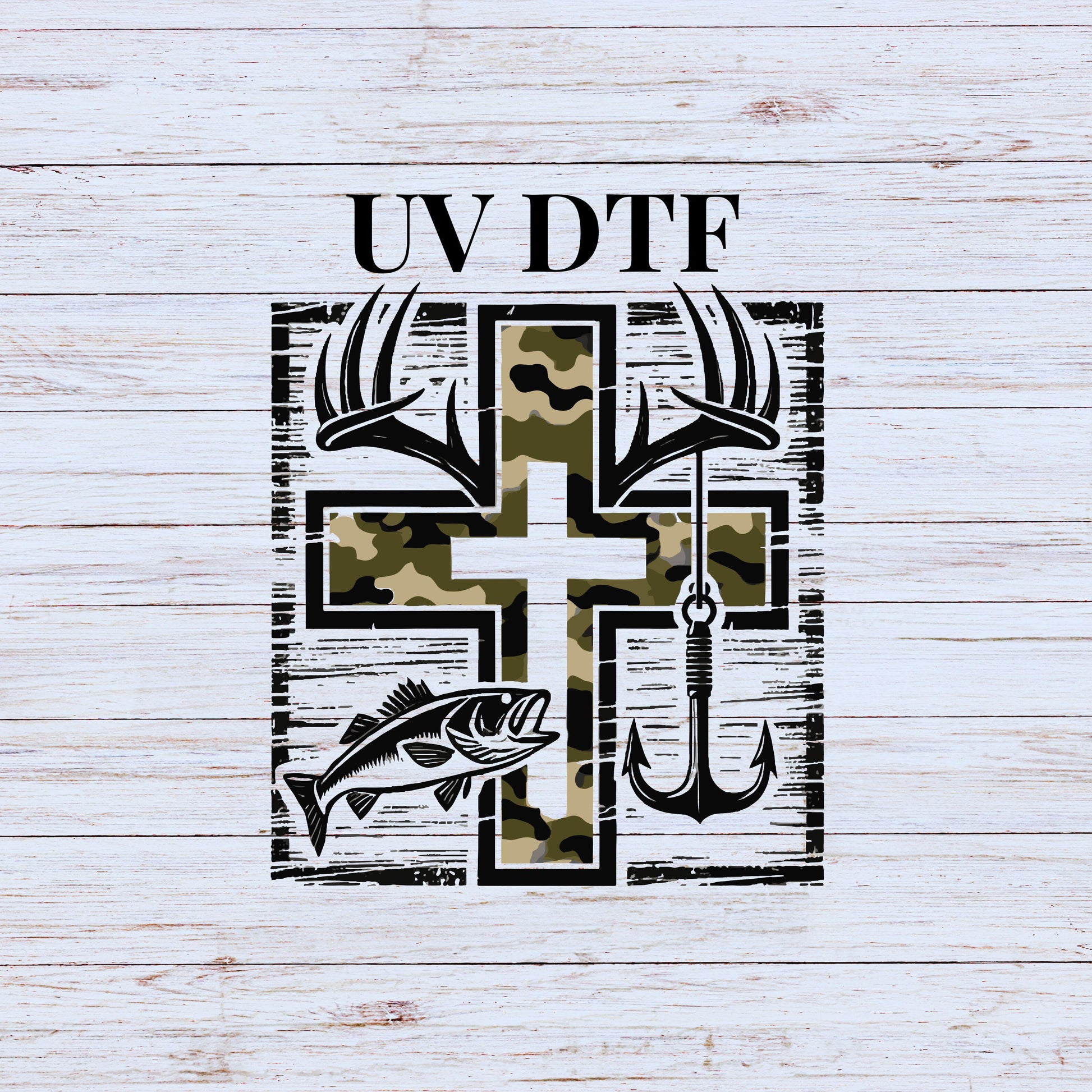 UV DTF Sticker print. Camo hunters cross decal, tumbler decal, permanent sticker. UV wrap for glass can tumbler. #9027