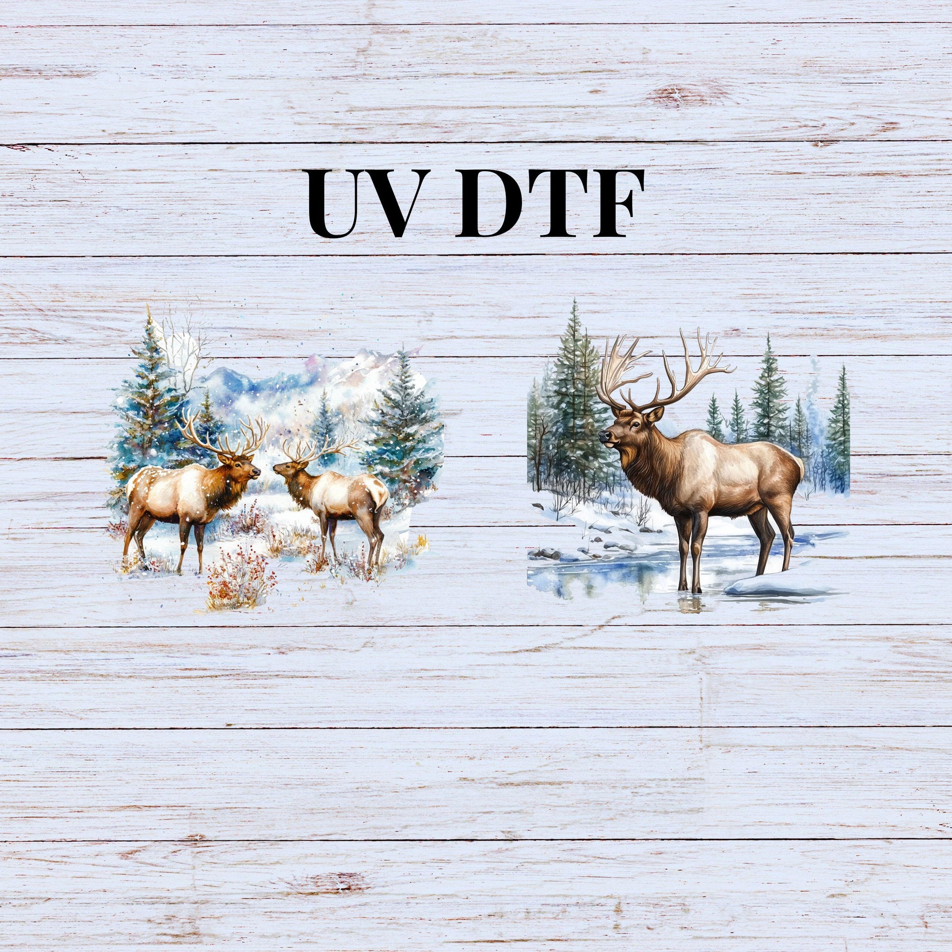 UV DTF Sticker print. Winter Elk scene decal, tumbler decal, permanent sticker. UV wrap for glass can tumbler. #9028