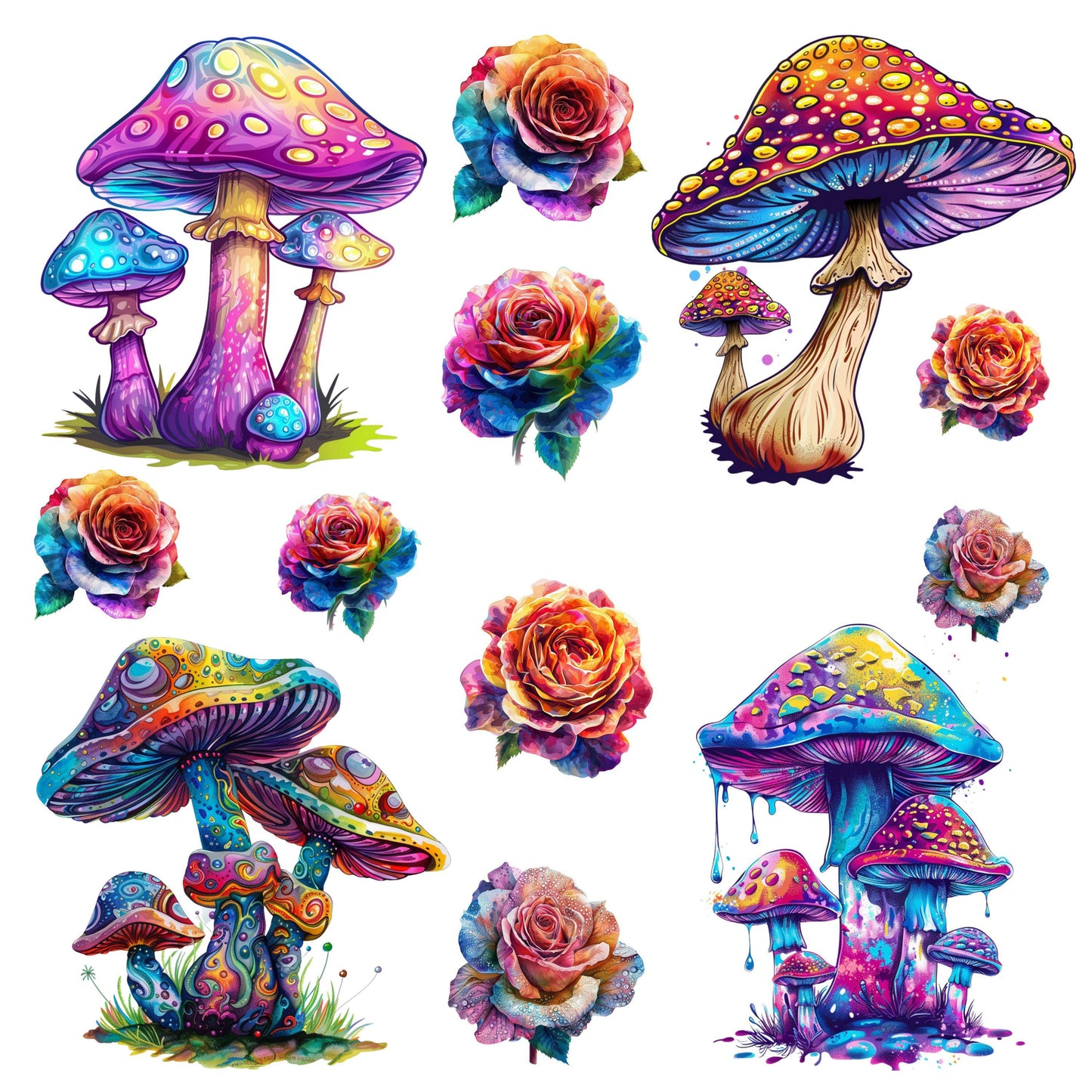 UV DTF Sticker prints. Colorful mushroom element sheet bundle decal, retro hippie shrooms permanent sticker. #10102