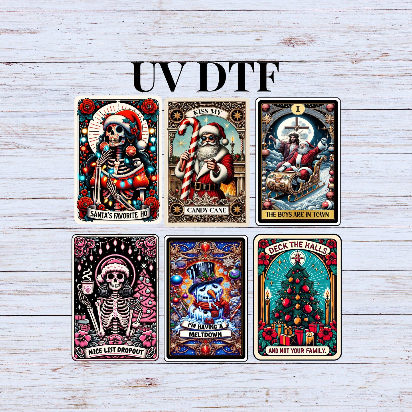 UV DTF Sticker print Christmas tarot cards sarcastic decal, nice list dropout, Santa's favorite ho, I'm having a meltdown, kiss my #7233