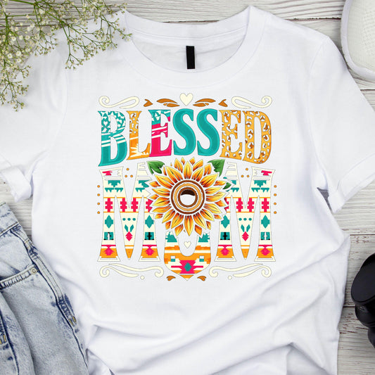 DTF ready to press transfer. Blessed Mom Aztec pattern with sunflower. Direct to film heat press transfer. DTF Print, Heat Transfer. #11093