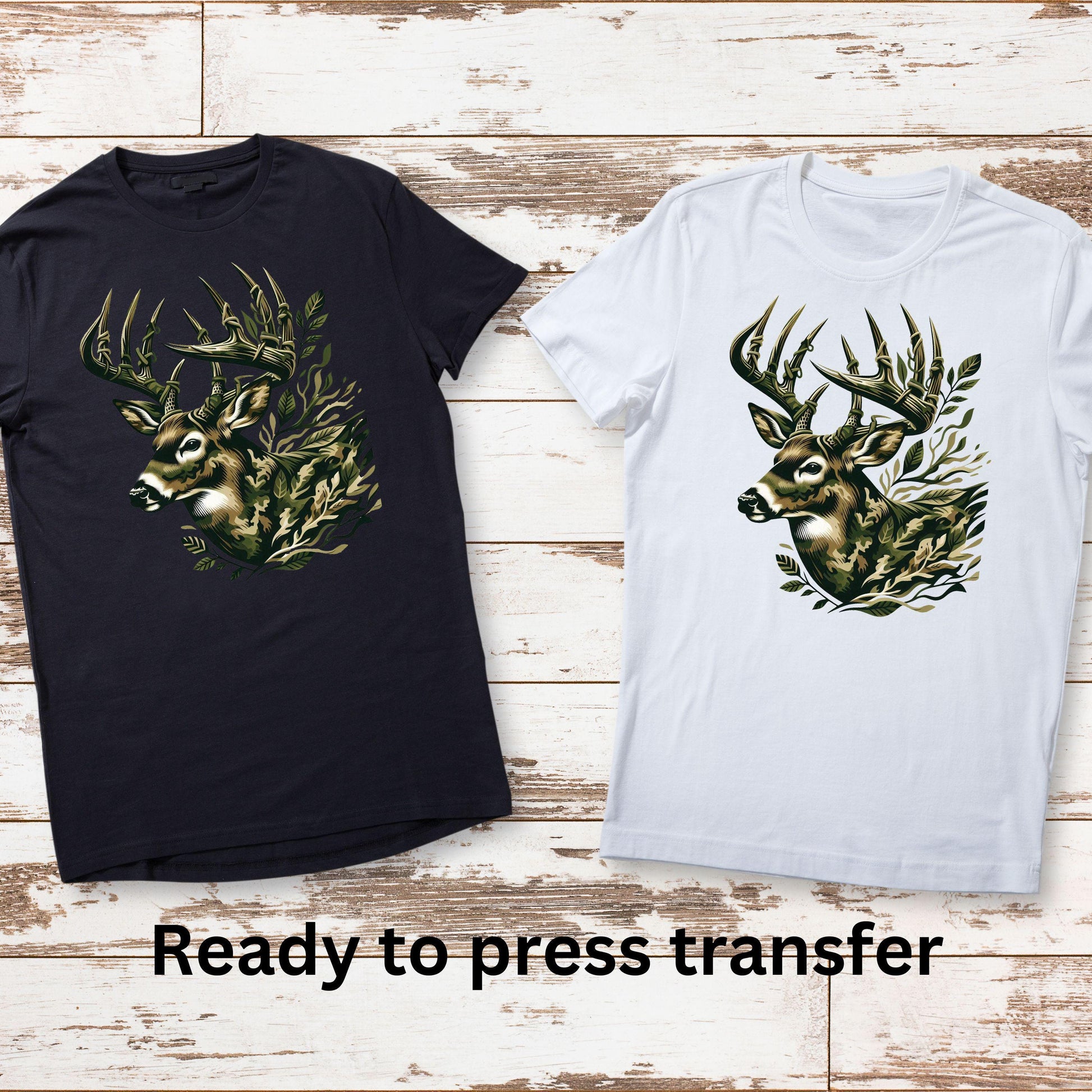 DTF ready to press transfer. Camo Deer with leaves hunter shirt decal. Direct to film heat press transfer. DTF Print, Heat Transfer.#11096