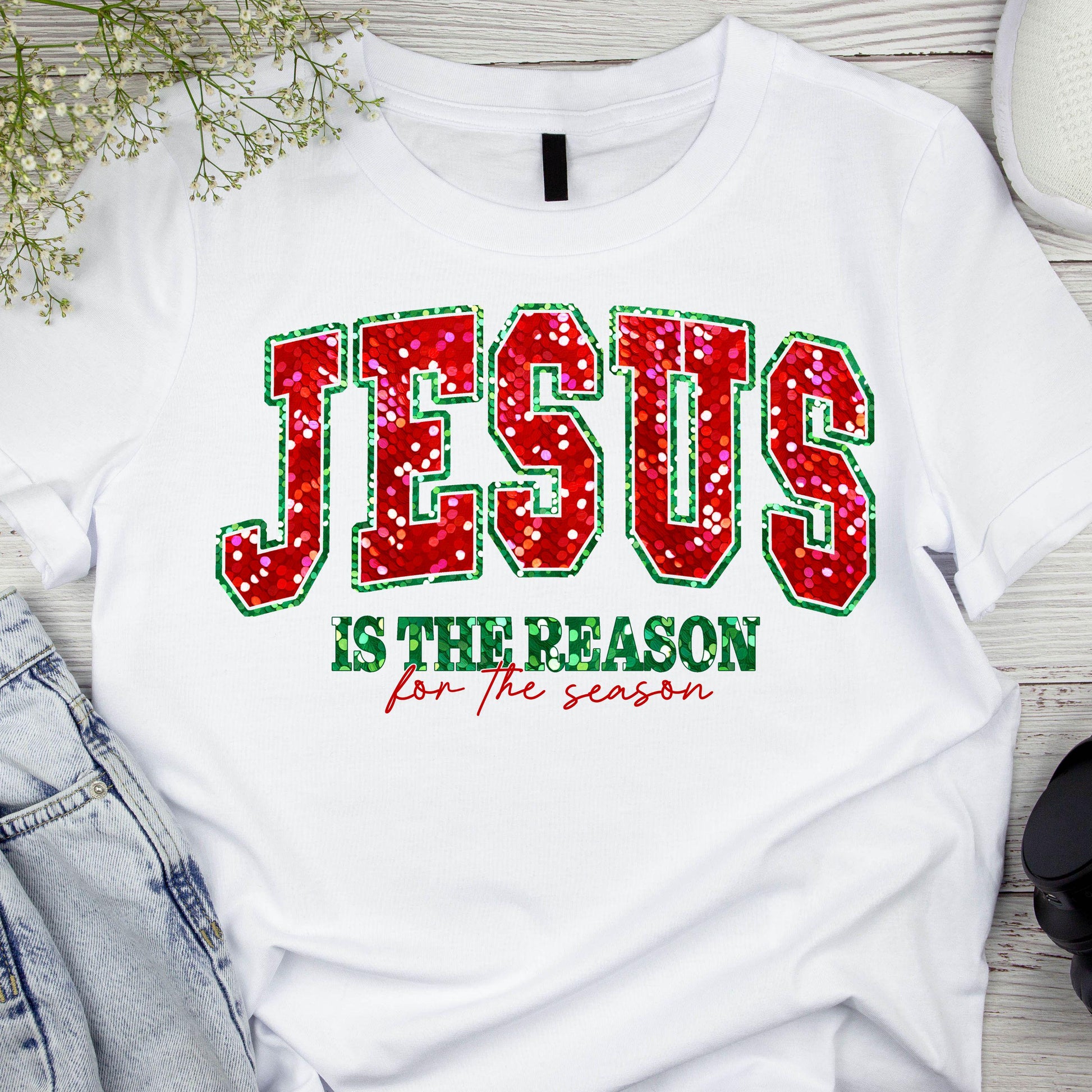 DTF ready to press transfer. Jesus is the reason for the season decal. Direct to film heat press transfer. DTF Print, Heat Transfer.#11097