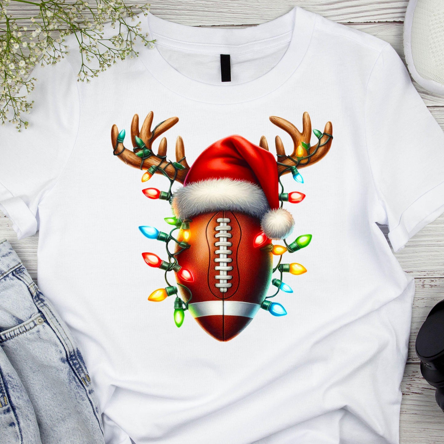 DTF ready to press transfer. Football with Christmas lights and antlers. Direct to film heat press transfer. DTF Print, Heat Transfer #11000