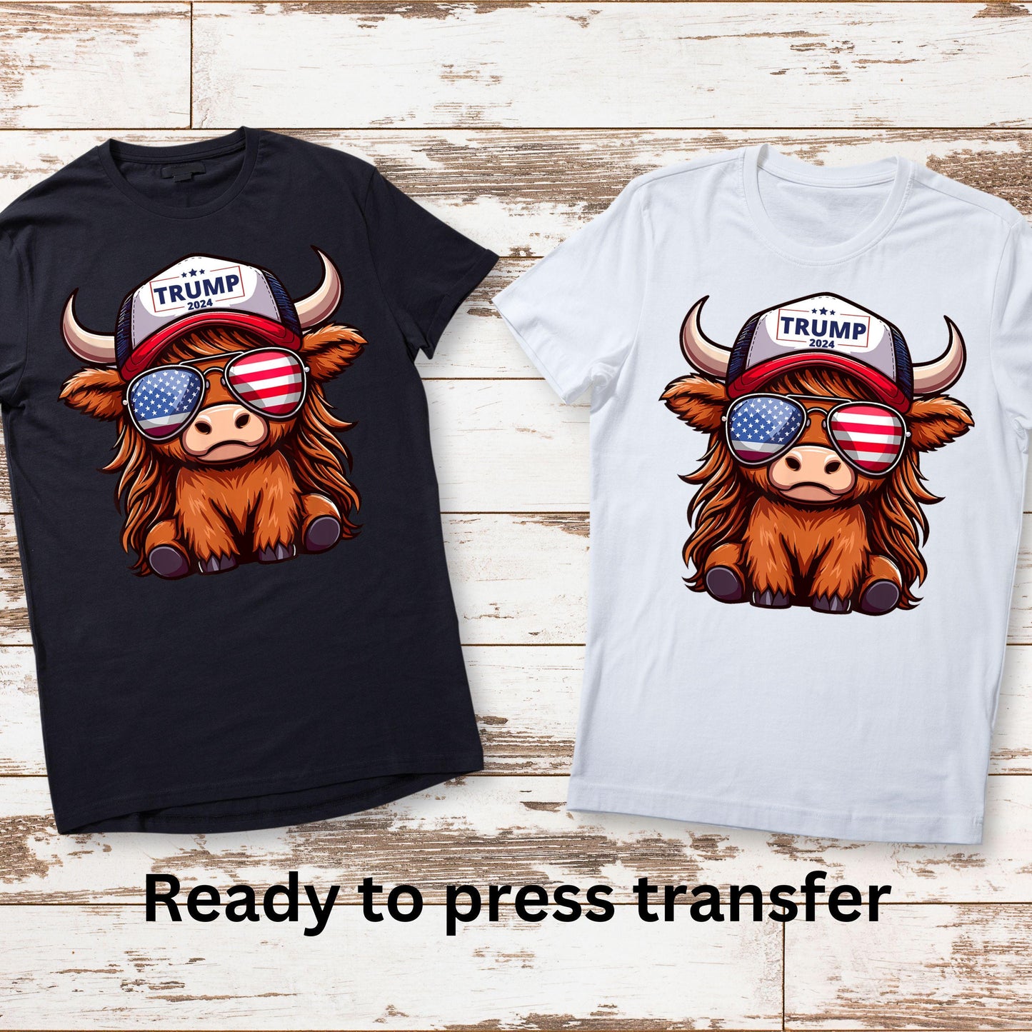 DTF ready to press transfer. Trump Cow Patriotic highland cow . Direct to film heat press transfer. DTF Print, Heat Transfer #11111