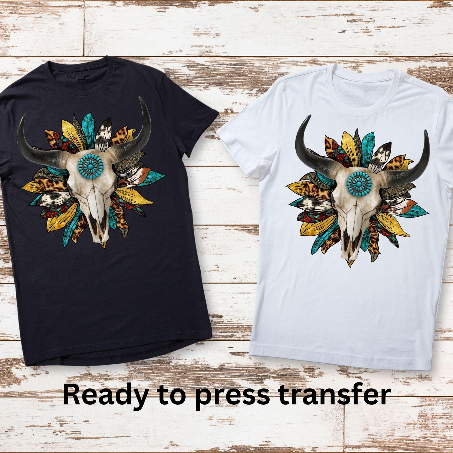 DTF ready to press transfer. Feathered Bull Skull Western teal. Direct to film heat press transfer. DTF Print, Heat Transfer #11019