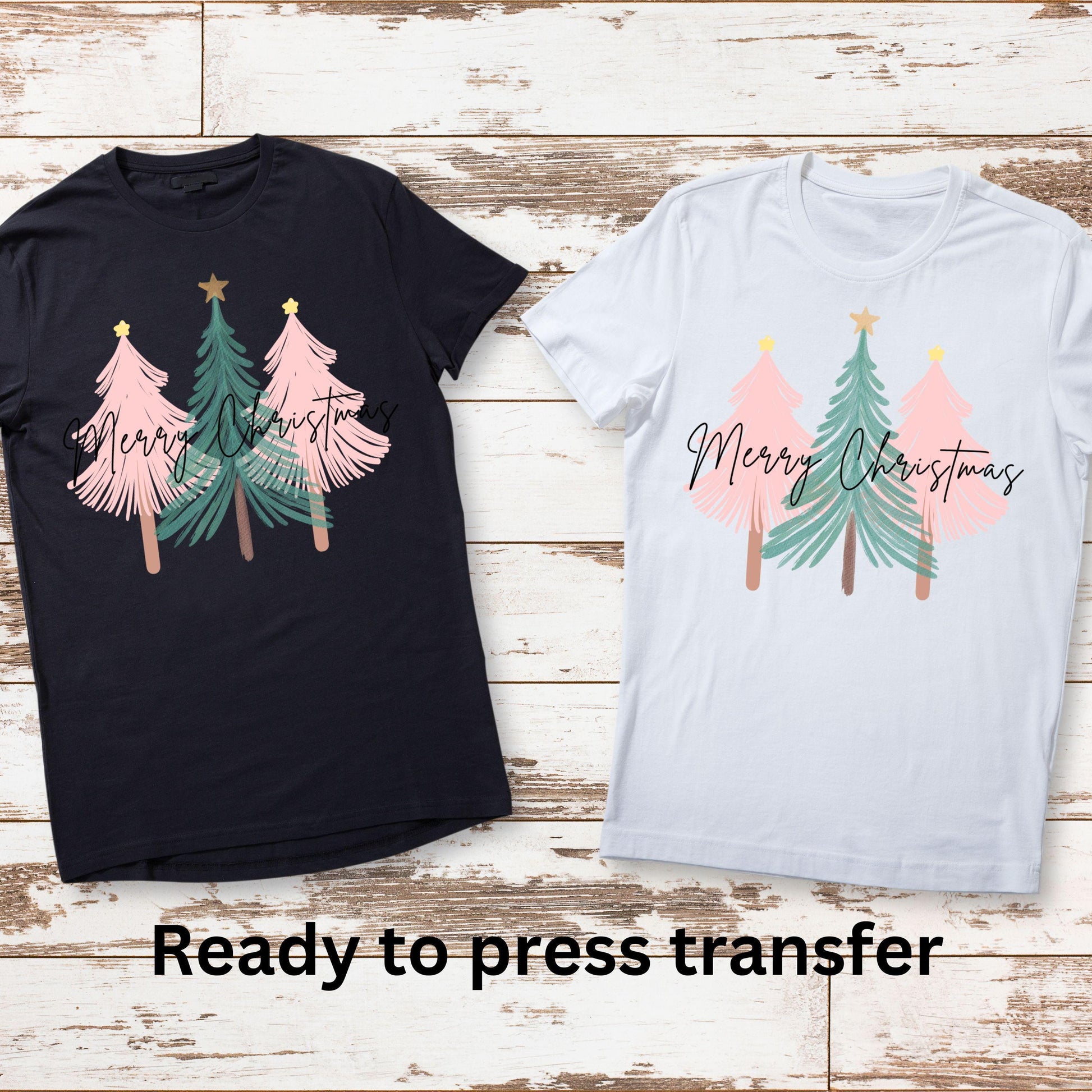 DTF ready to press transfer. Merry Christmas trees Pink and Teal. Direct to film heat press transfer. DTF Print, Heat Transfer #11033