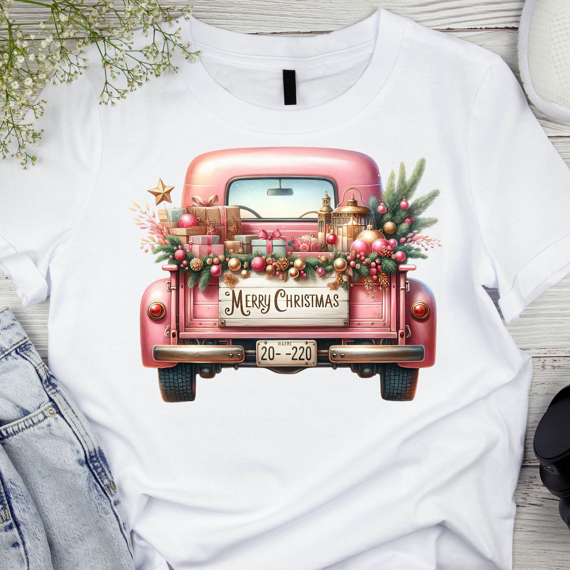 DTF ready to press transfer. Pink Truck Merry Christmas image, Direct to film heat press transfer. DTF Print, Heat Transfer #11131