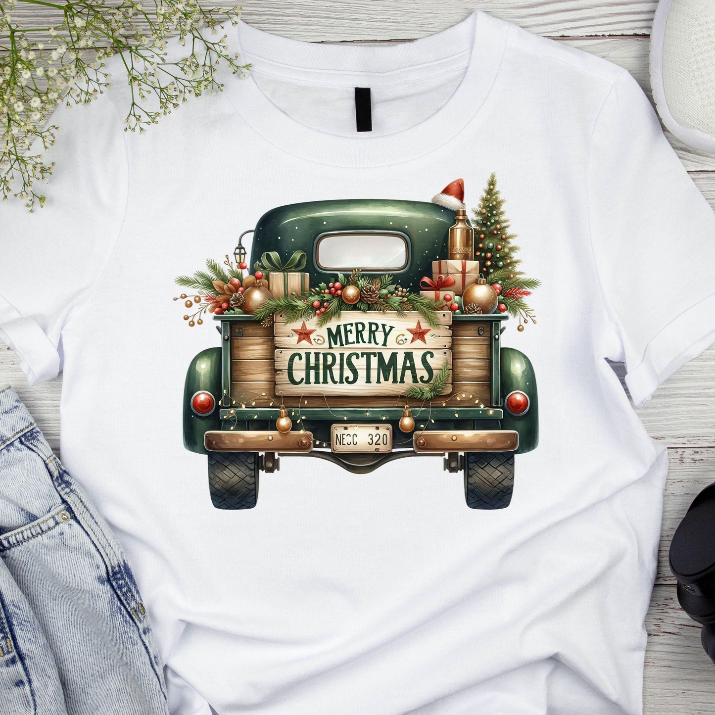 DTF ready to press transfer. Green Truck Merry Christmas image, Direct to film heat press transfer. DTF Print, Heat Transfer #11131