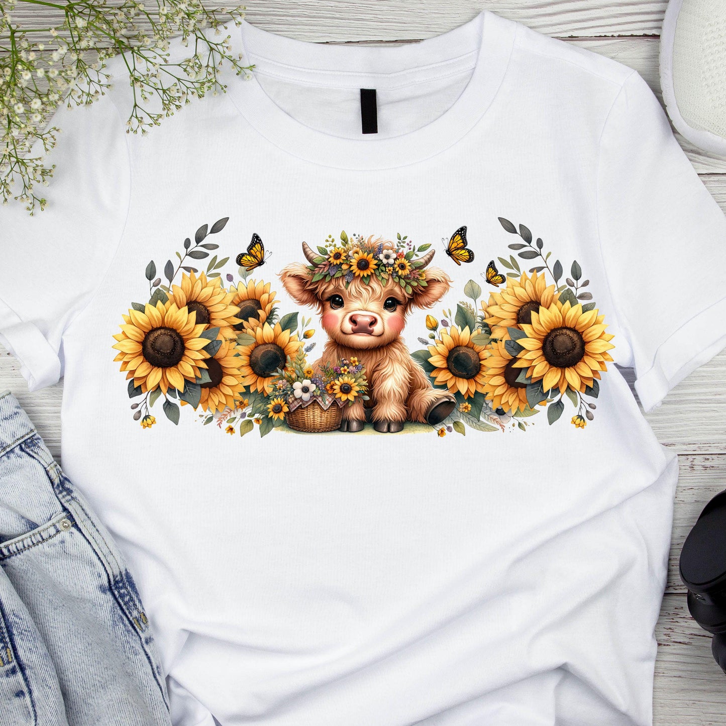 DTF ready to press transfer Sunflowers Cow and butterflies image, Direct to film heat press transfer. DTF Print, Heat Transfer #11135