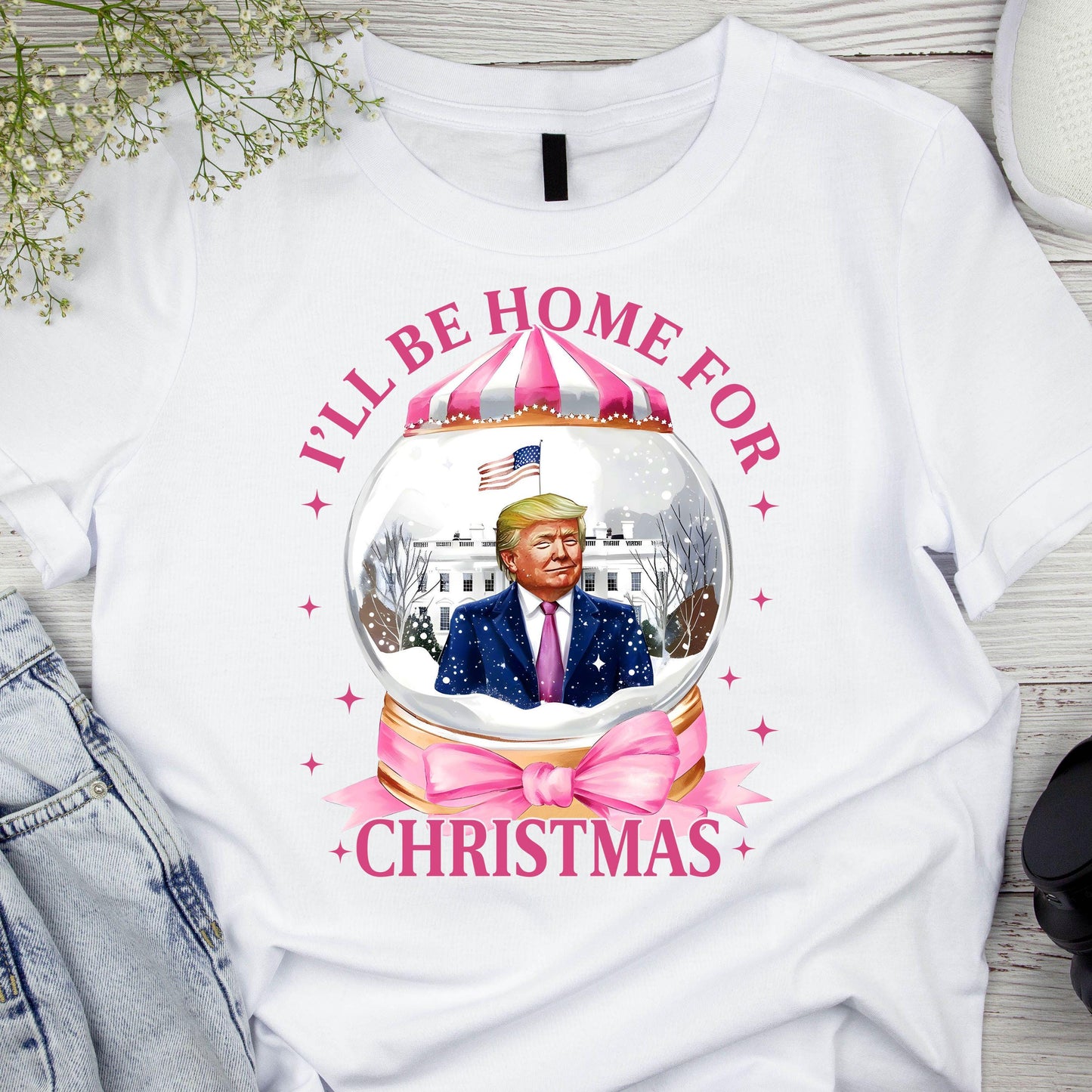 DTF ready to press transfer. I'll be home for Christmas Trump snow globe.Direct to film heat press transfer. DTF Print, Heat Transfer #11046