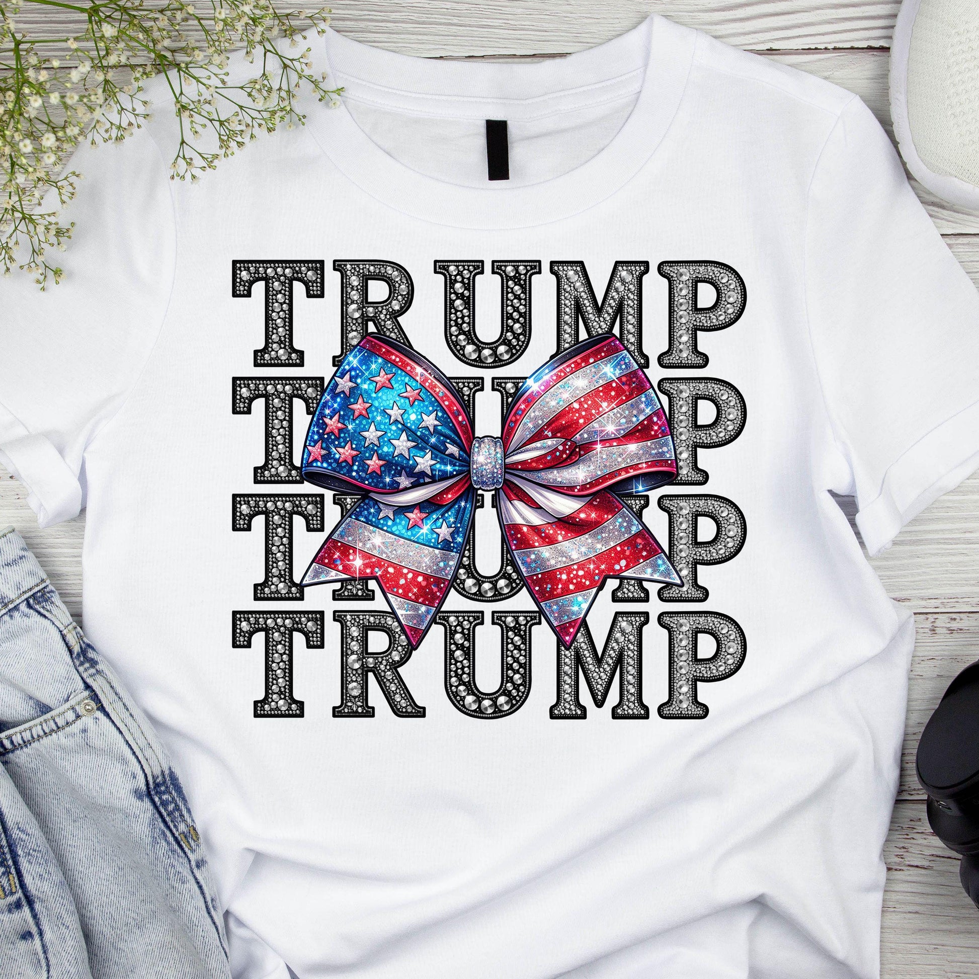 DTF ready to press transfer. Rhinestone Trump Girl patriotic flag. Direct to film heat press transfer. DTF Print, Heat Transfer #11049