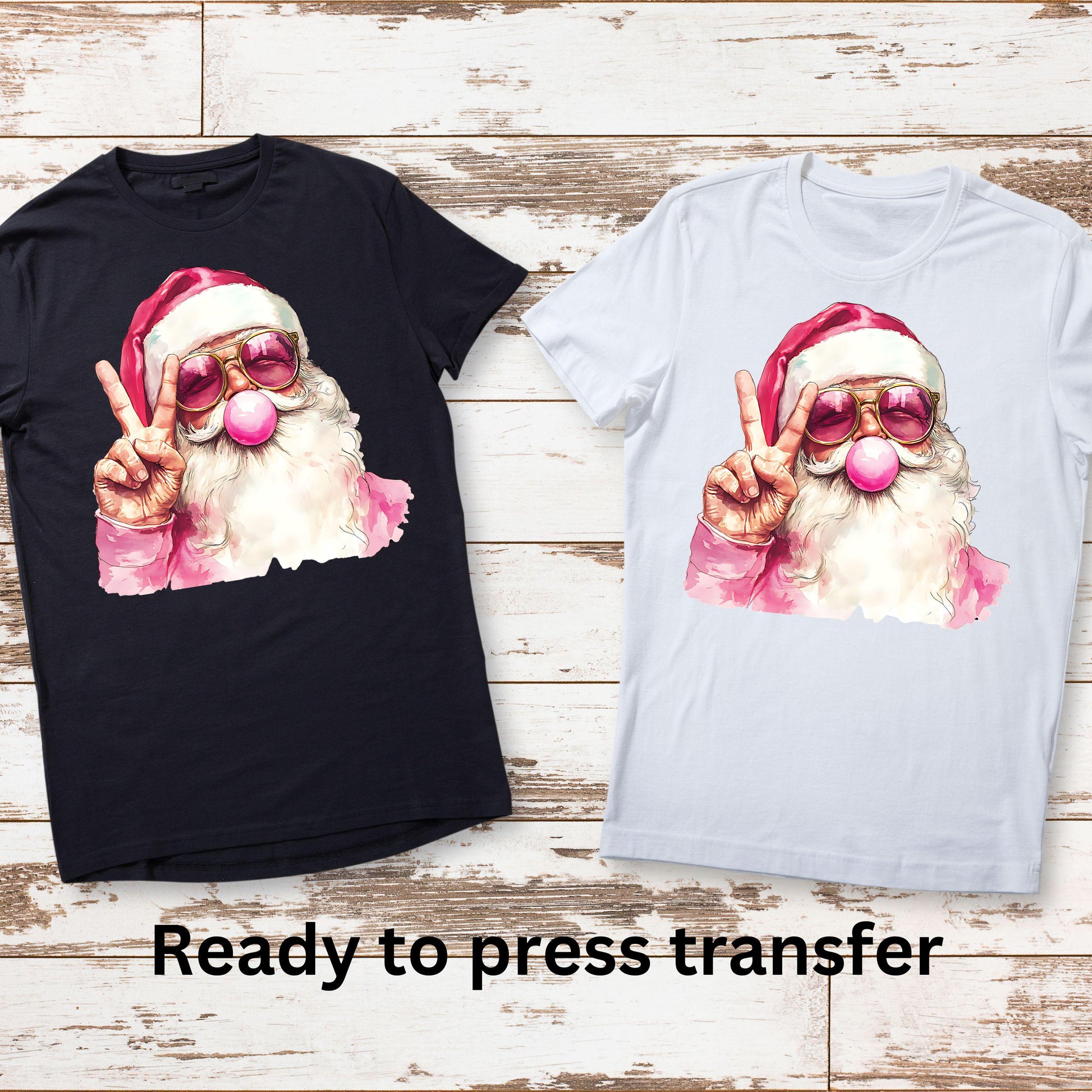 DTF ready to press transfer. Pink bubble Santa peace sign sunglasses decal. Direct to film heat press transfer.DTF Print,Heat Transfer#11059