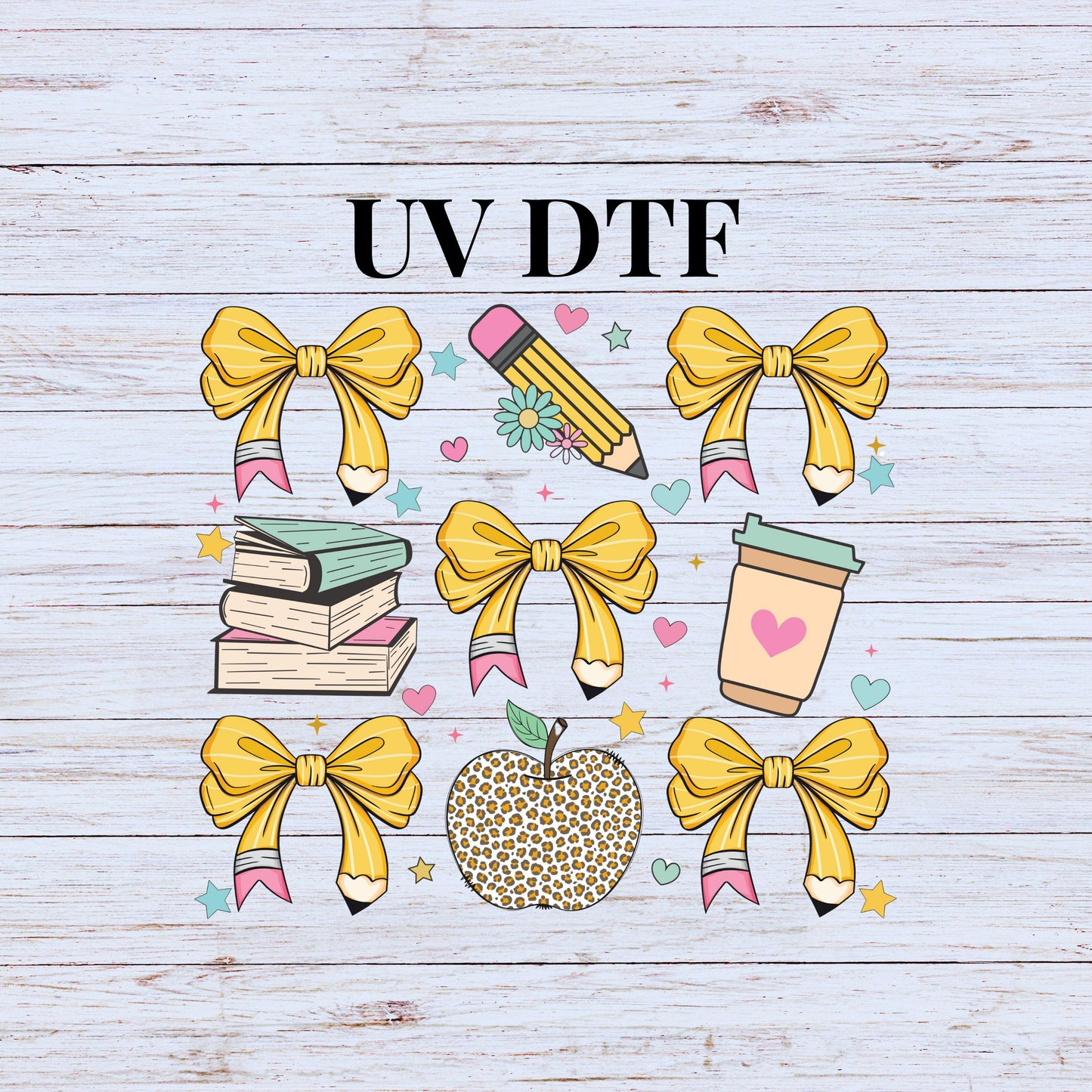 UV DTF Sticker print. Teacher croquette pencil bows/books element, tumbler decal, permanent sticker. Uv wrap for glass can tumbler. #10105