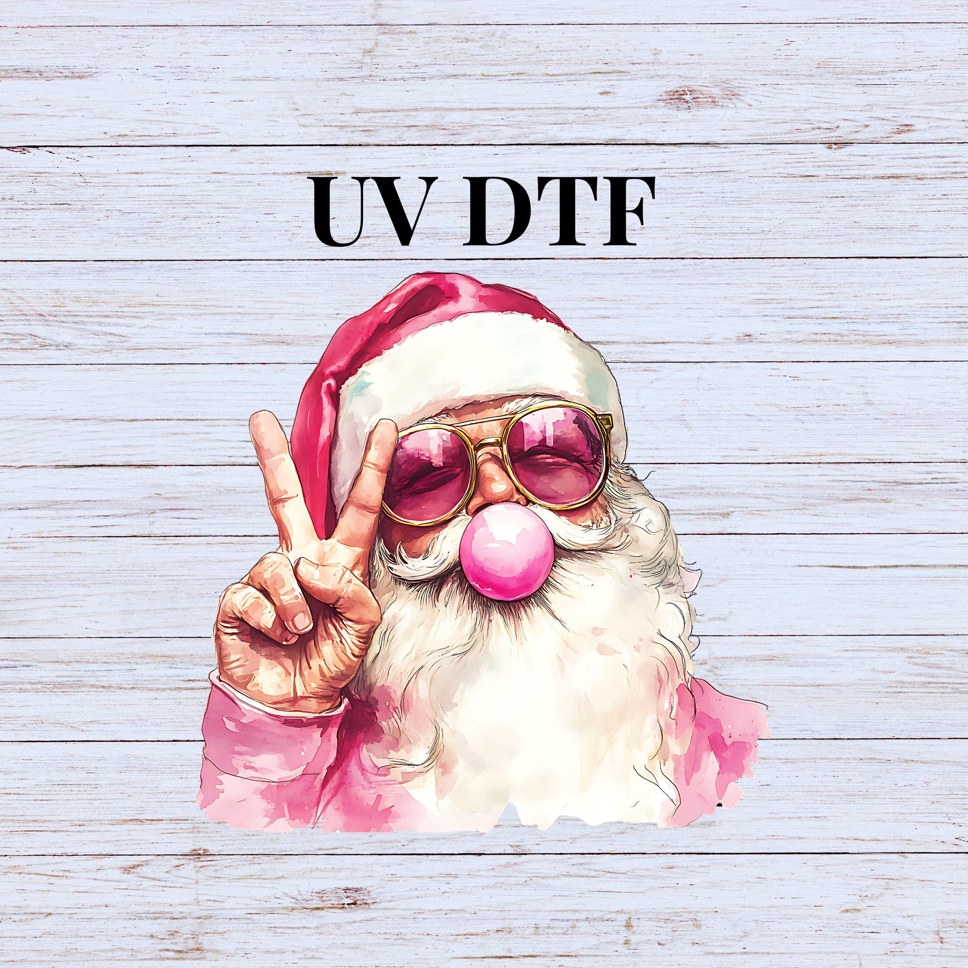 UV DTF Sticker print Pink bubble Santa peace sign Christmas Ornament decals, tumbler decal, permanent sticker.#7238