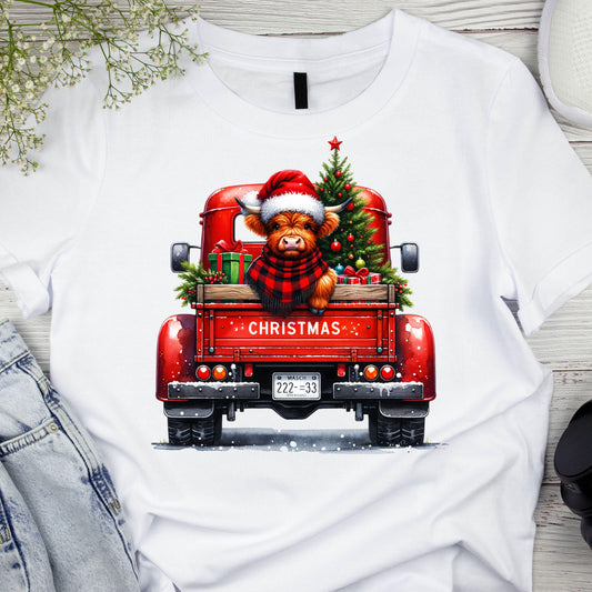 DTF ready to press transfer. Red Truck highland cow Christmas. Direct to film heat press transfer. DTF Print, Heat Transfer #11073