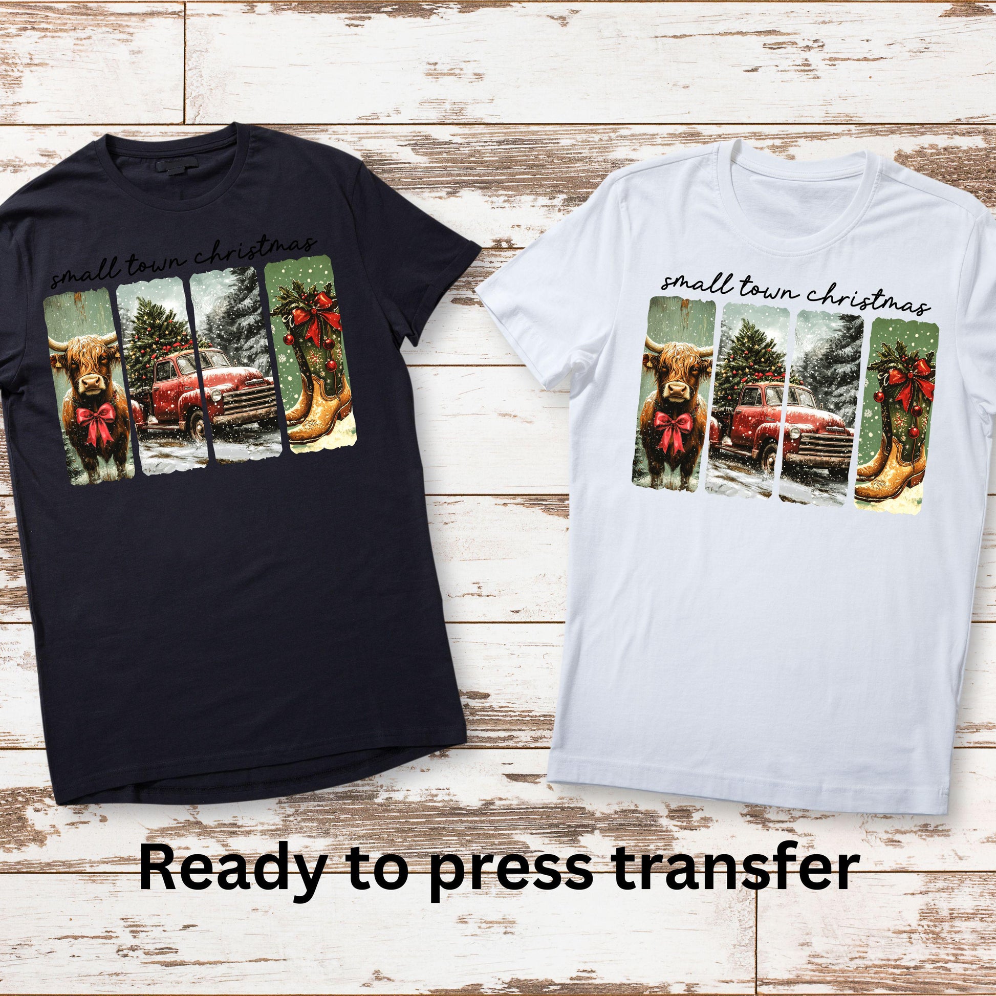 DTF ready to press transfer. Small Town Christmas red truck highland cow,Direct to film heat press transfer. DTF Print, Heat Transfer #11074