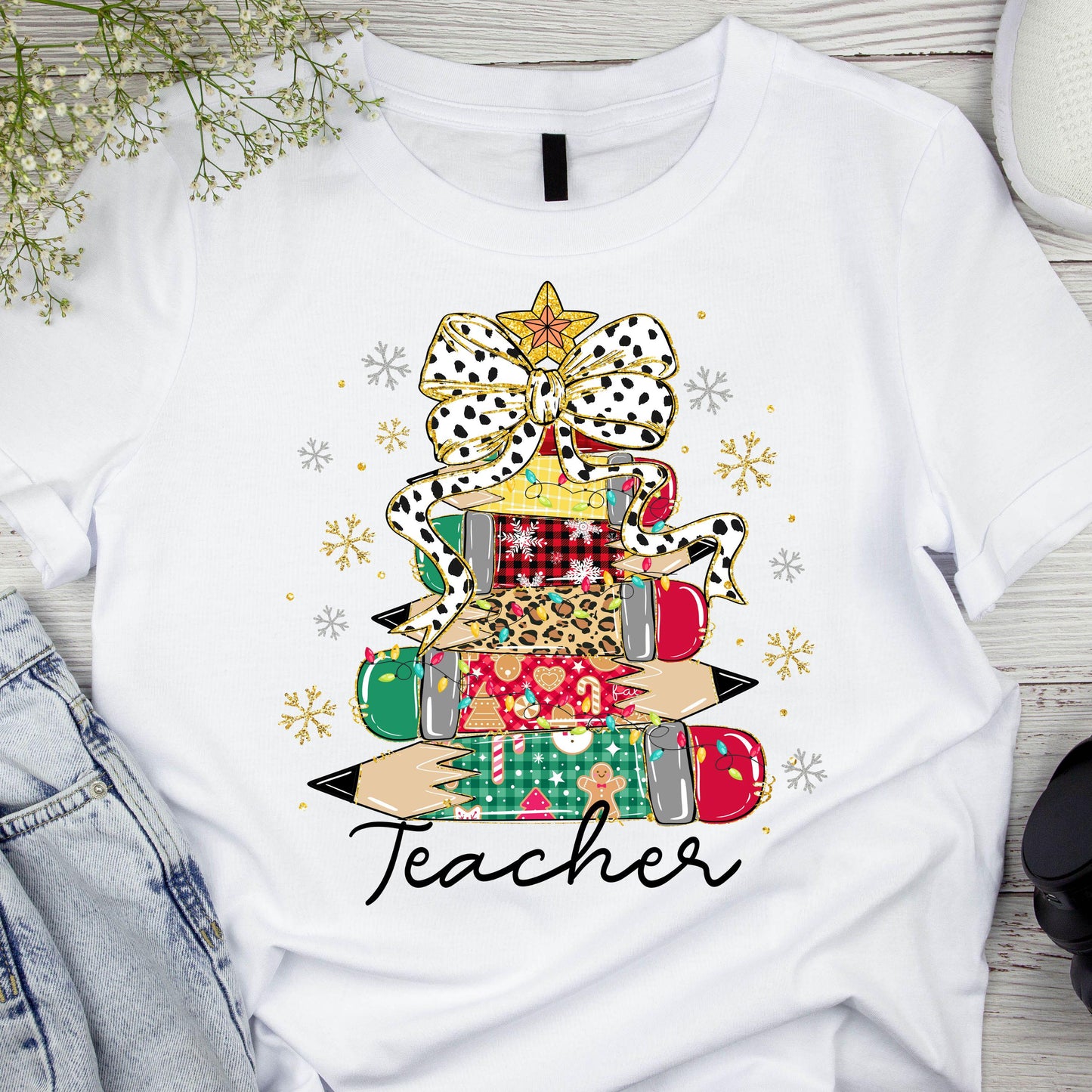 DTF ready to press transfer. Teacher Pencil Tree Christmas. Direct to film heat press transfer. DTF Print, Heat Transfer#11172