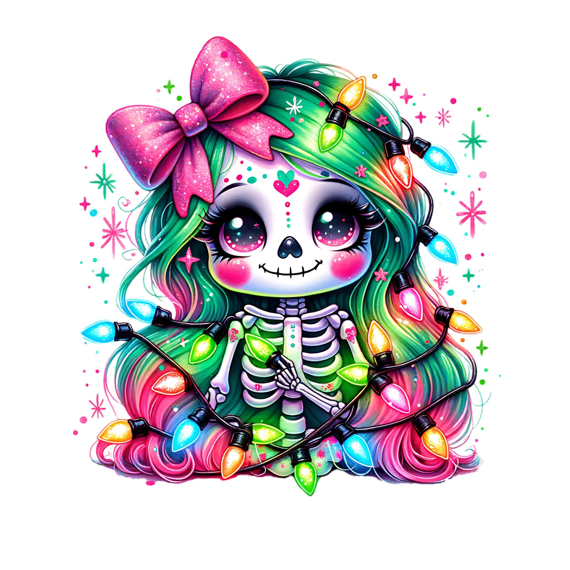 UV DTF Sticker print Girl skeleton with Christmas lights pink bow decal, tumbler decal, permanent sticker. #7243