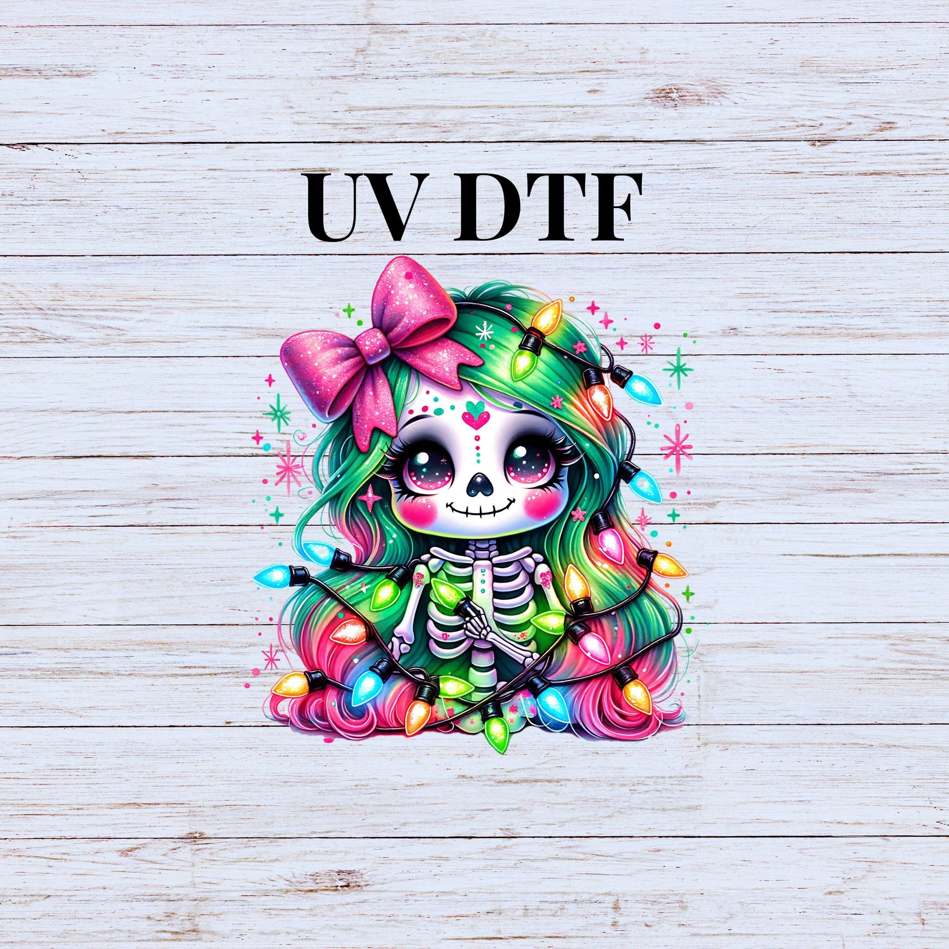 UV DTF Sticker print Girl skeleton with Christmas lights pink bow decal, tumbler decal, permanent sticker. #7243