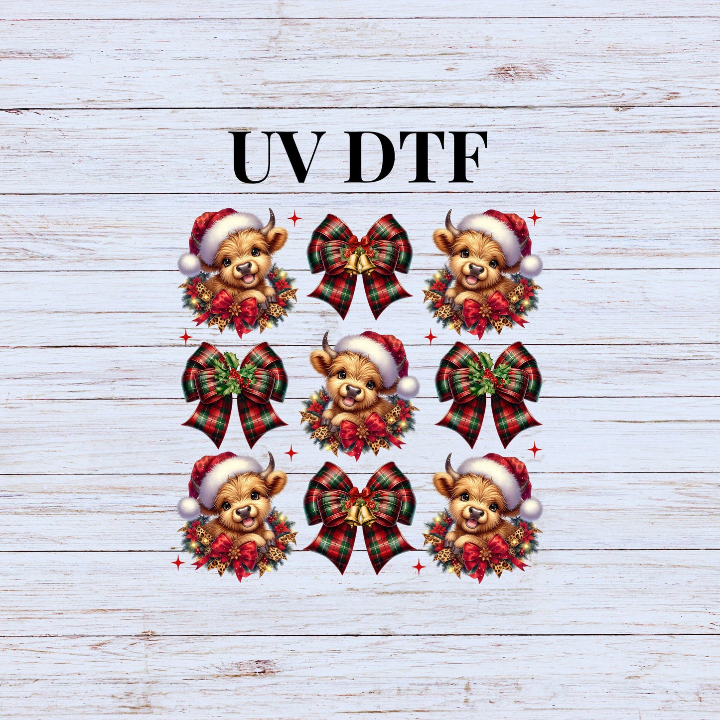 UV DTF Sticker print. Highland Cows and plaid Christmas bows croquette decal, tumbler decal, permanent sticker, tumbler. #7245