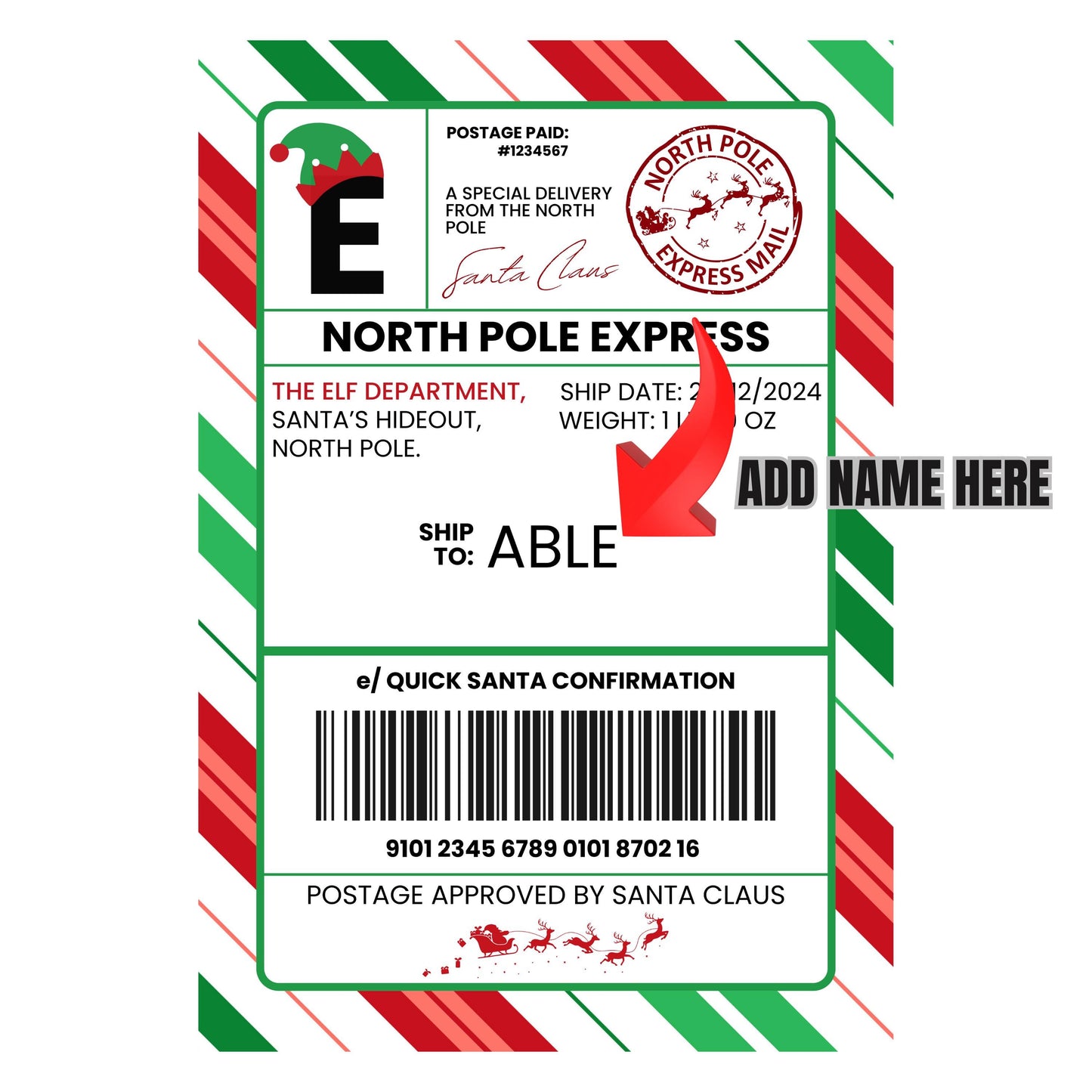 DTF ready to press transfer. Personalized Santa Sack Label straight from the North Pole. Direct to film heat press transfer. Heat Transfer