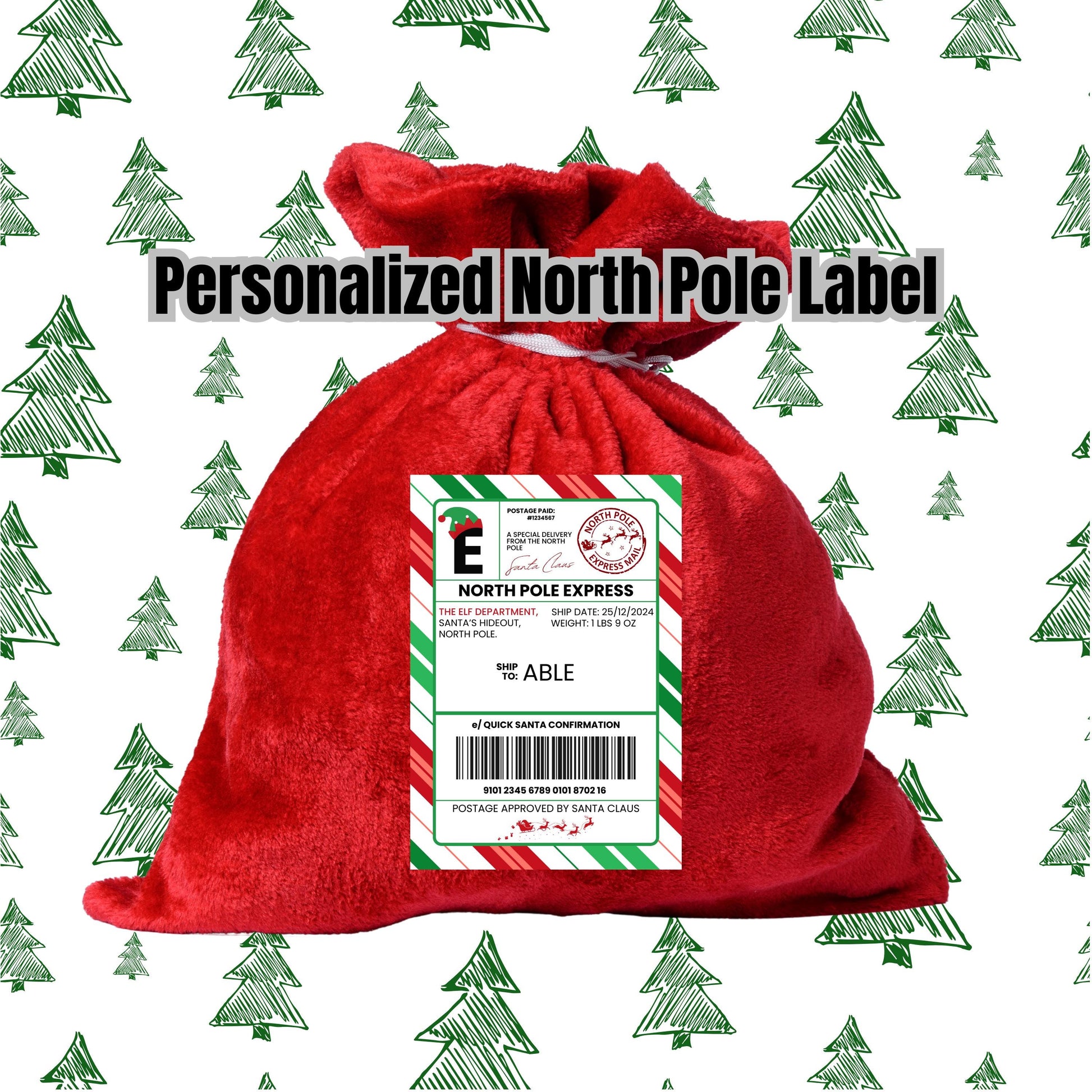 DTF ready to press transfer. Personalized Santa Sack Label straight from the North Pole. Direct to film heat press transfer. Heat Transfer