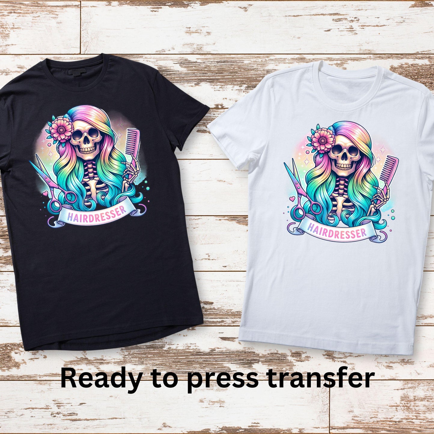 DTF ready to press transfer. Hairdresser skeleton pastel colors, Direct to film heat press transfer. DTF Print, Heat Transfer #11124