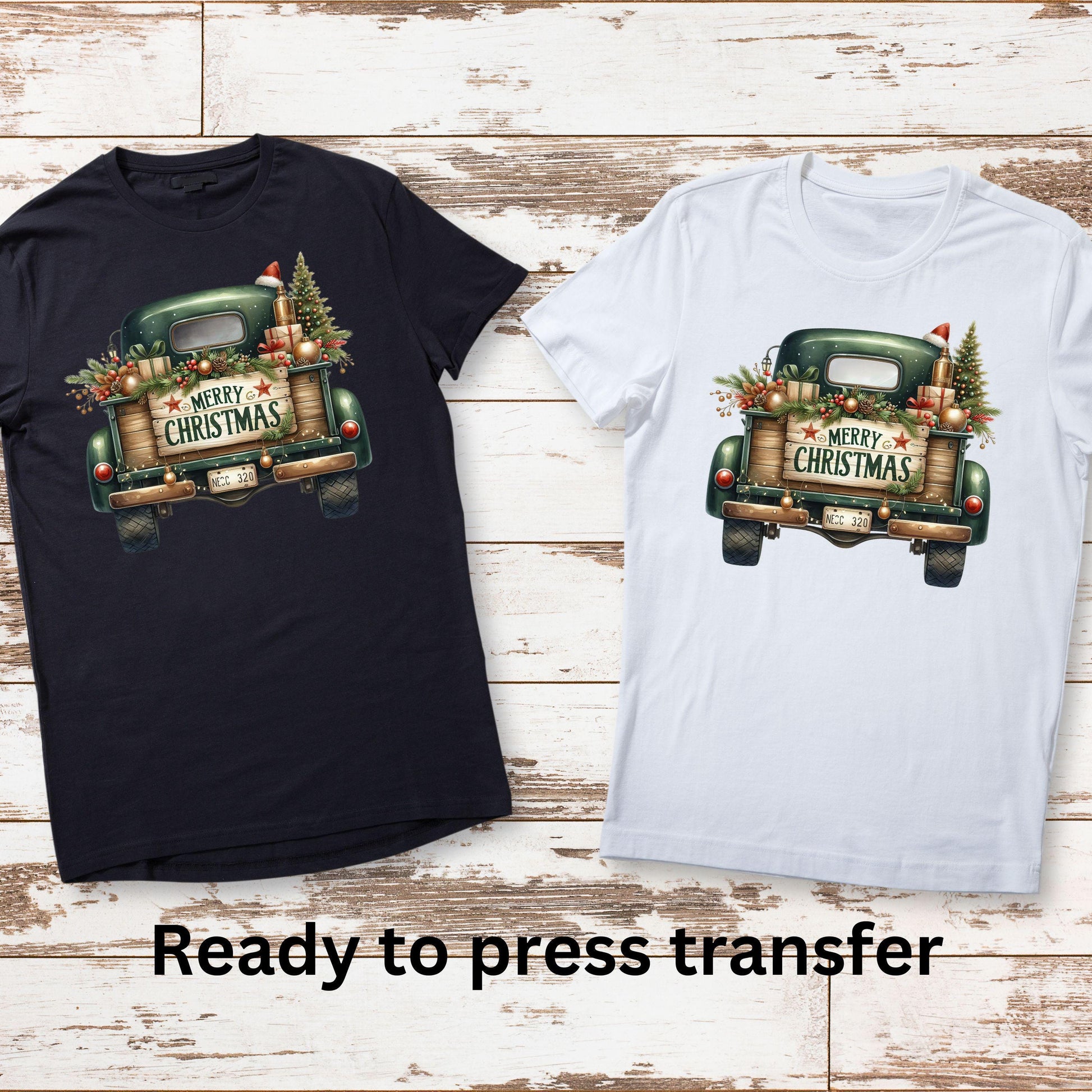 DTF ready to press transfer. Green Truck Merry Christmas image, Direct to film heat press transfer. DTF Print, Heat Transfer #11131