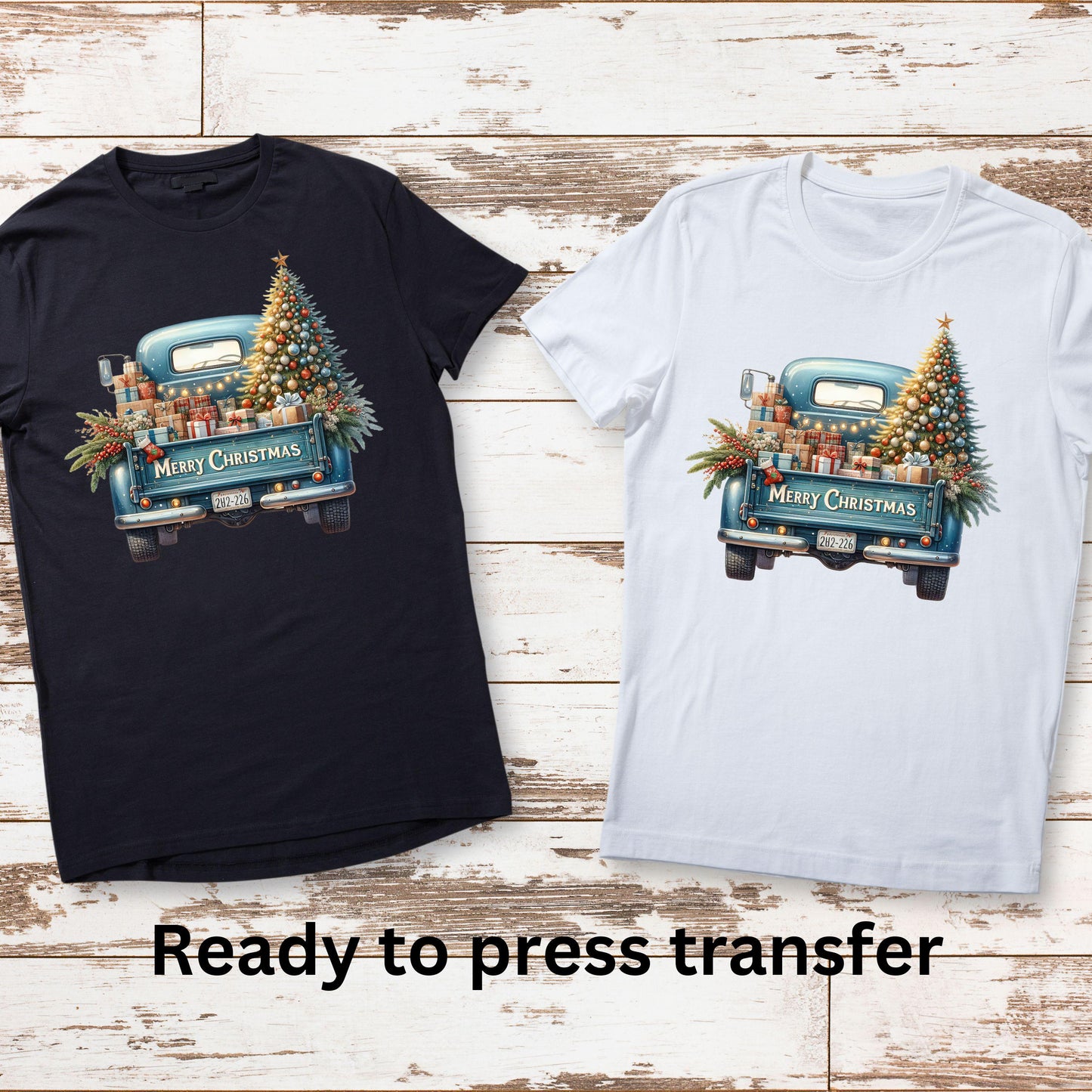 DTF ready to press transfer. Teal Truck Merry Christmas image, Direct to film heat press transfer. DTF Print, Heat Transfer #11131