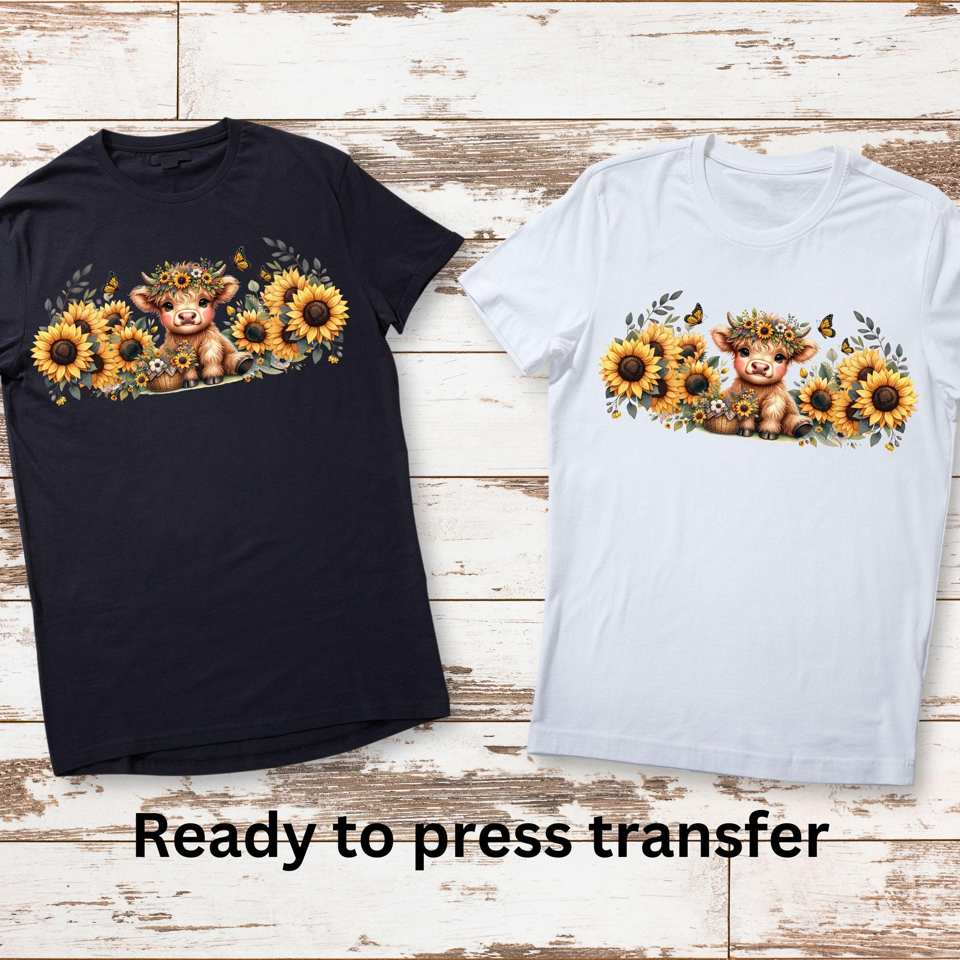 DTF ready to press transfer Sunflowers Cow and butterflies image, Direct to film heat press transfer. DTF Print, Heat Transfer #11135