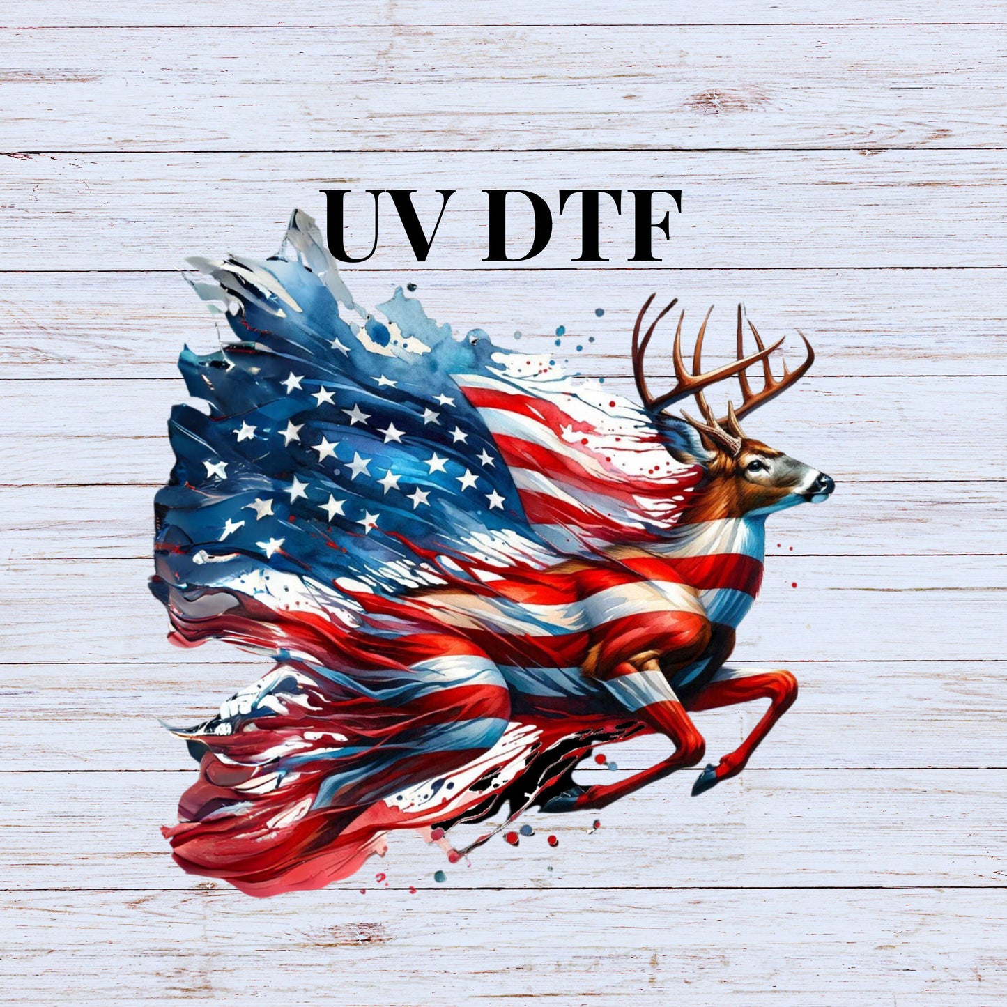 UV DTF Sticker print American Flag Deer Running decal, tumbler decal, permanent sticker. #1045