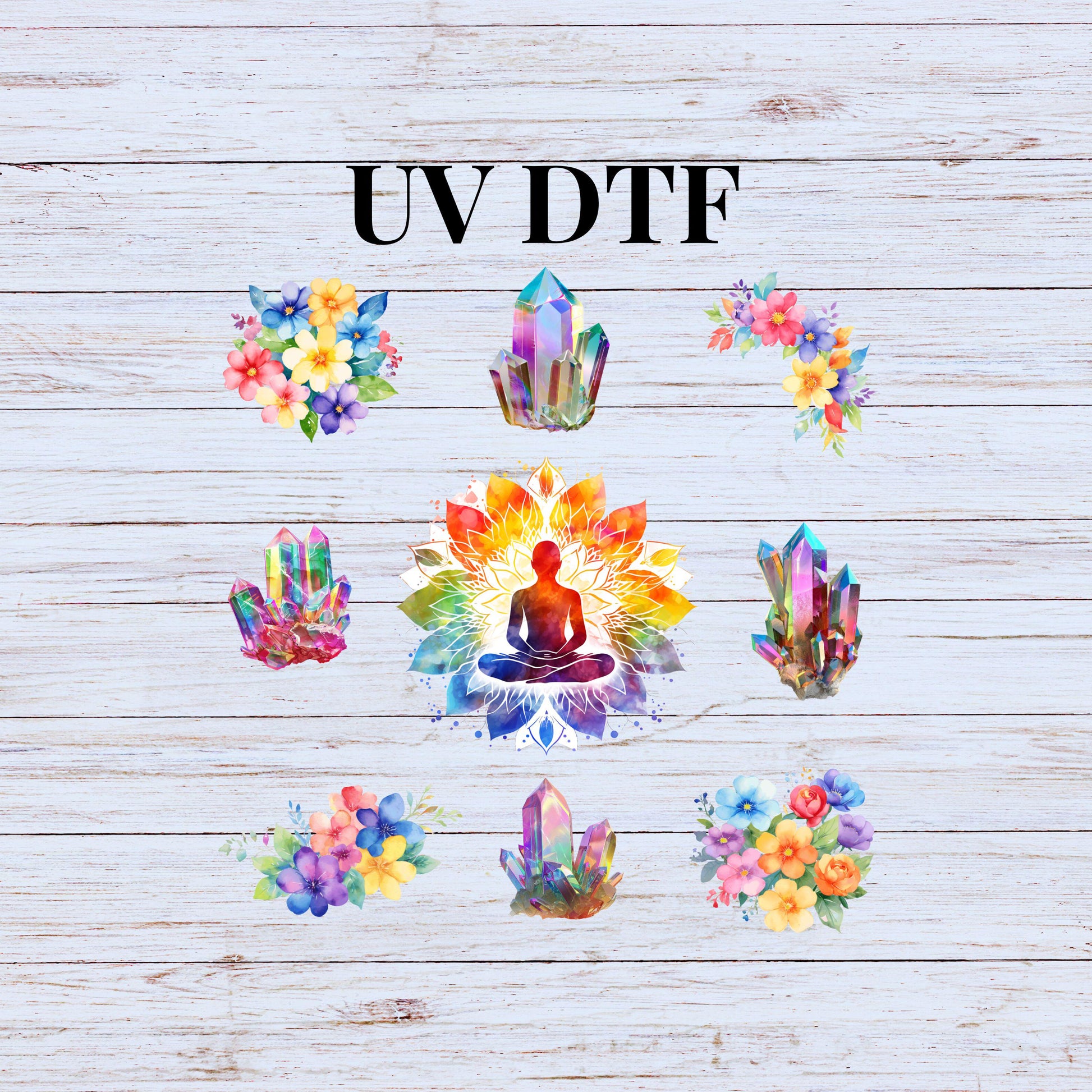 UV DTF Sticker print Rainbow Zen with flowers and crystals, dream catcher and moon Element sheet decal, tumbler decal #10113