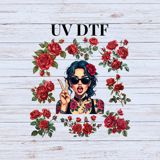 UV DTF Sticker print Rose girl, peace, tattoos with rose flowers, dream catcher and moon Element sheet decal, tumbler decal #10114