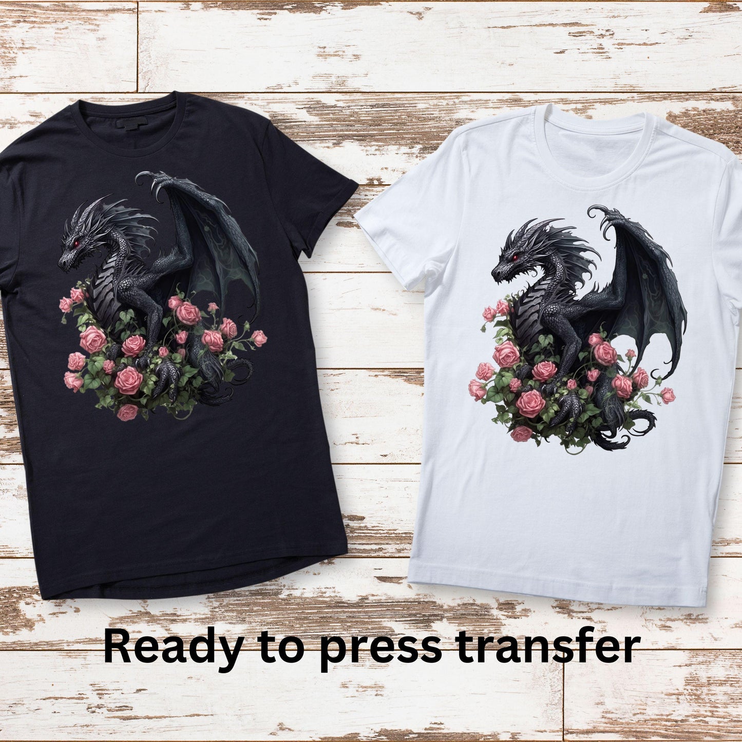 DTF ready to press transfer. Dragon with pink roses, Direct to film heat press transfer. DTF Print, Heat Transfer #11185