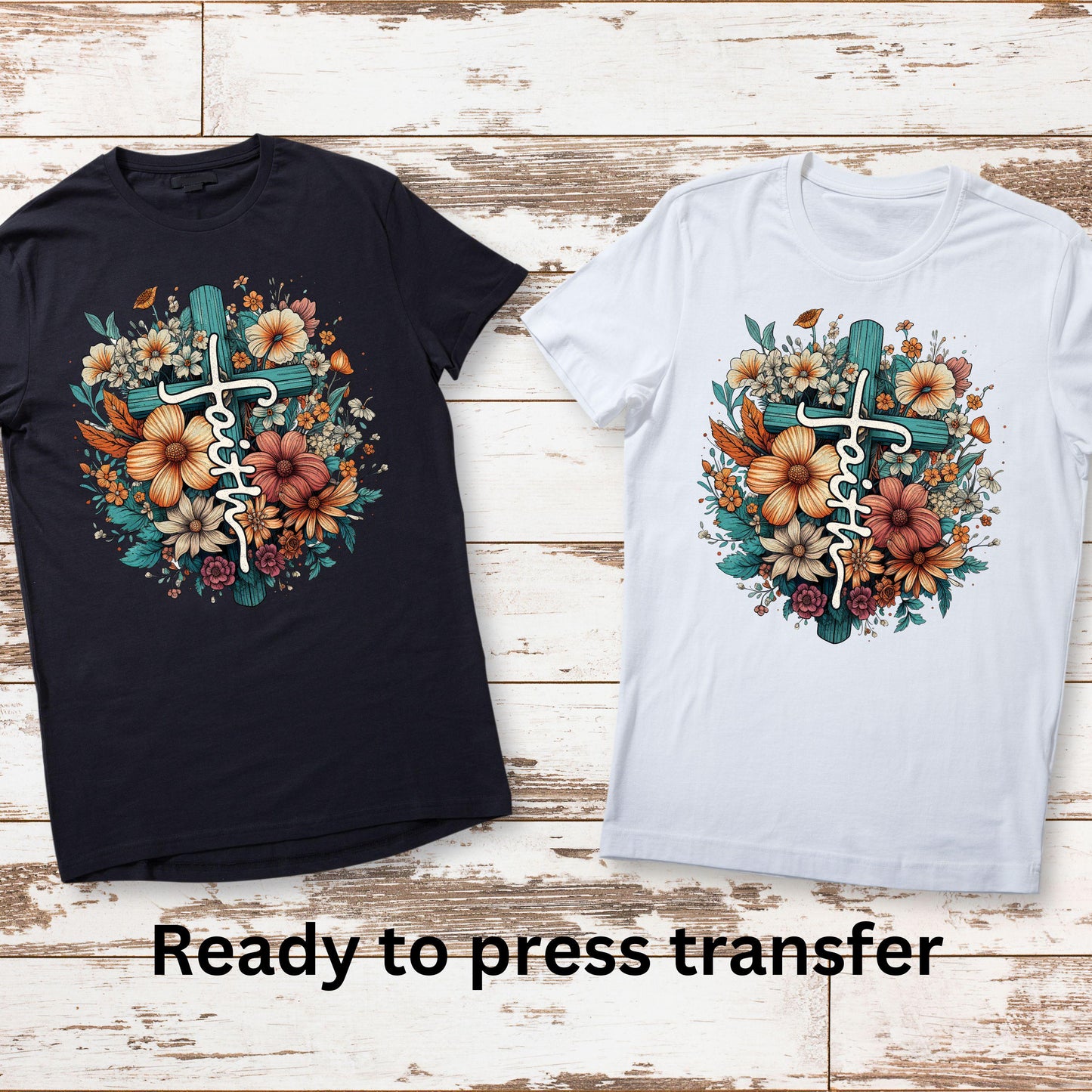 DTF ready to press transfer. Faith with flowers teal retro, Direct to film heat press transfer. DTF Print, Heat Transfer #11187