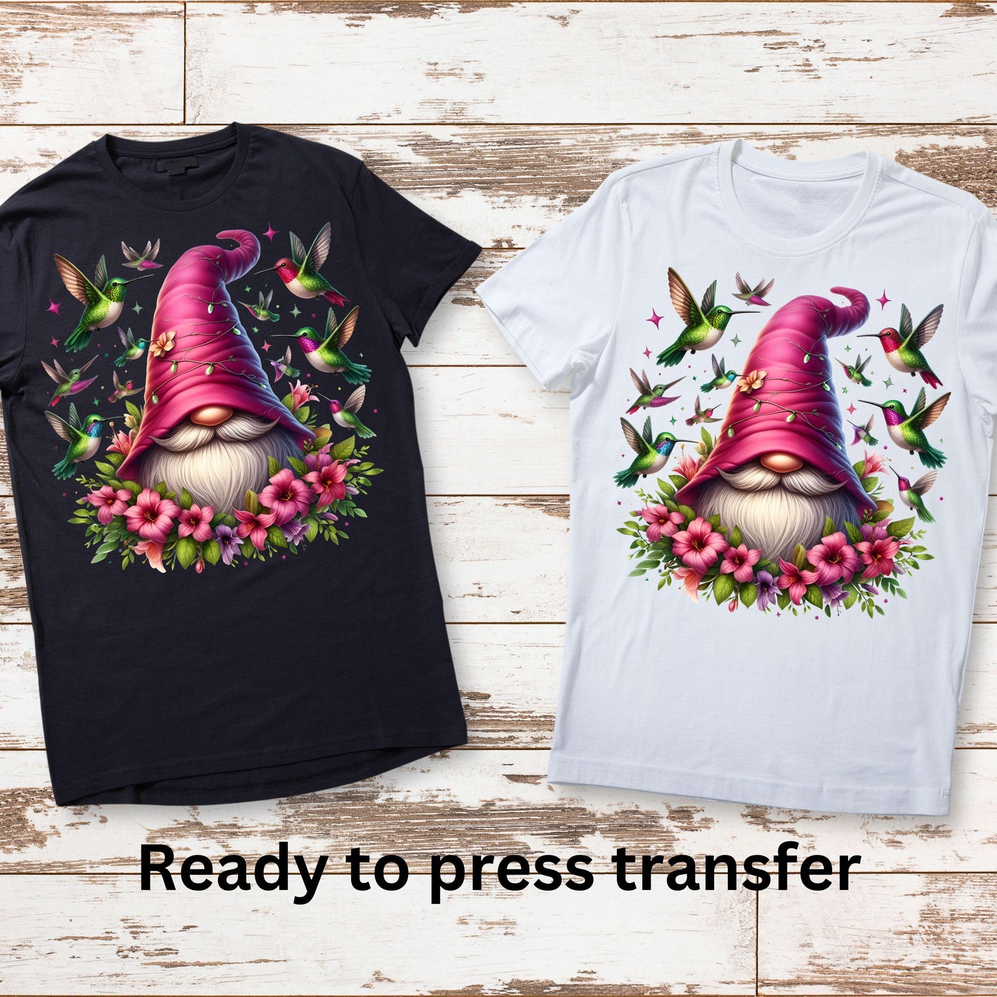 DTF ready to press transfer. Spring Gnome with hummingbirds and pink flowers , Direct to film heat press transfer. DTF Print #11203