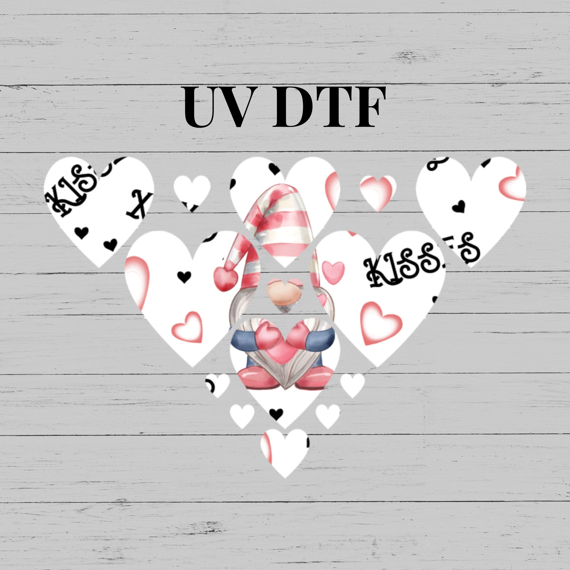 UV DTF Sticker print. Pink Gnome Heart V Split decal, tumbler decal, permanent sticker. UV wrap for glass can tumbler. #7264