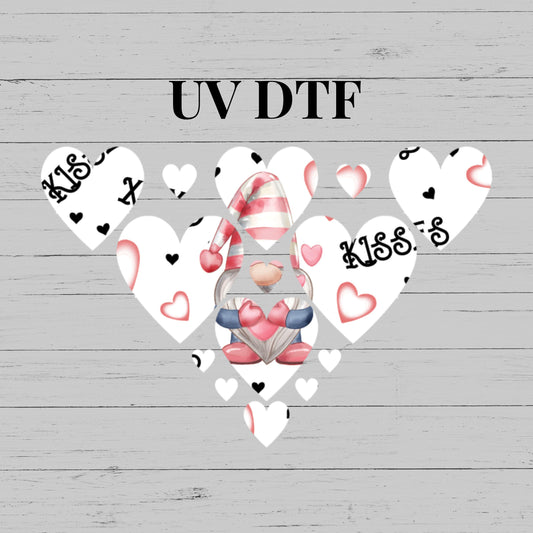 UV DTF Sticker print. Pink Gnome Heart V Split decal, tumbler decal, permanent sticker. UV wrap for glass can tumbler. #7264