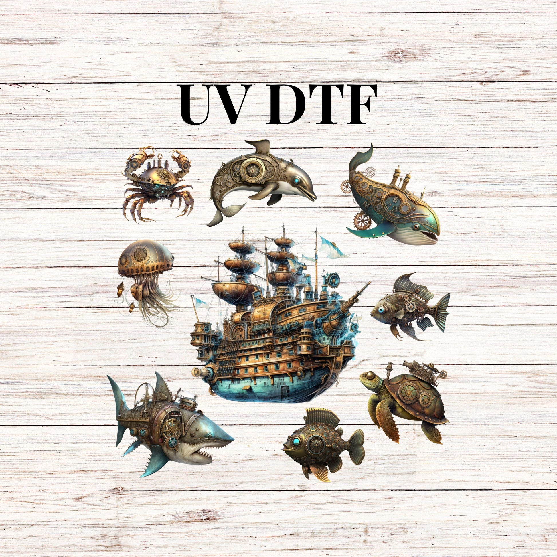 UV DTF Sticker print Steampunk ship and sea creatures Element sheet decal, tumbler decal #10119