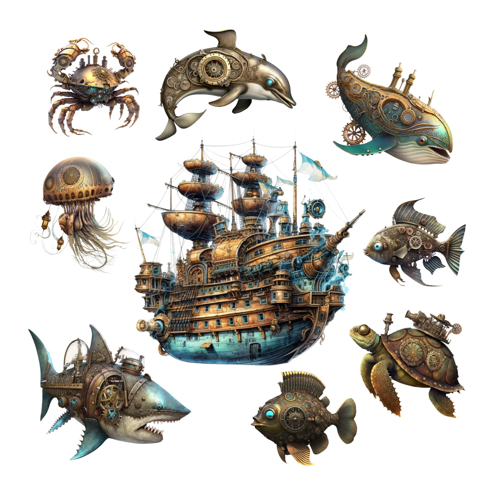 UV DTF Sticker print Steampunk ship and sea creatures Element sheet decal, tumbler decal #10119